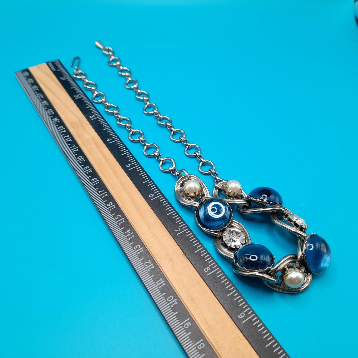 Vintage Blue Cabochon Choker Necklace, Faux Pearls, Clear Rhinestones, 1950s Vintage Jewelry