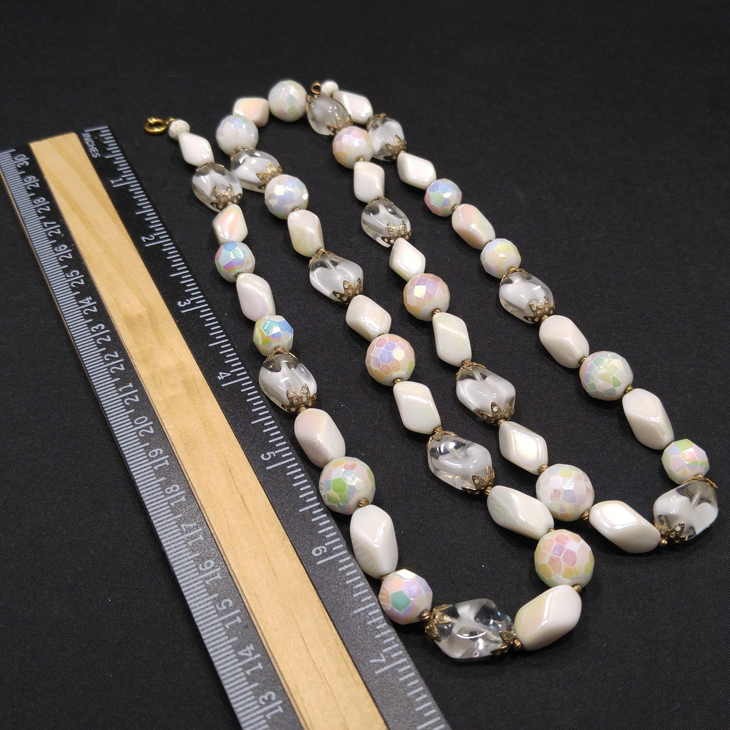 Vintage Czech White Glass Beaded Necklace, Art Glass Beads, 12K GF Clasp, 1950s Vintage Jewelry
