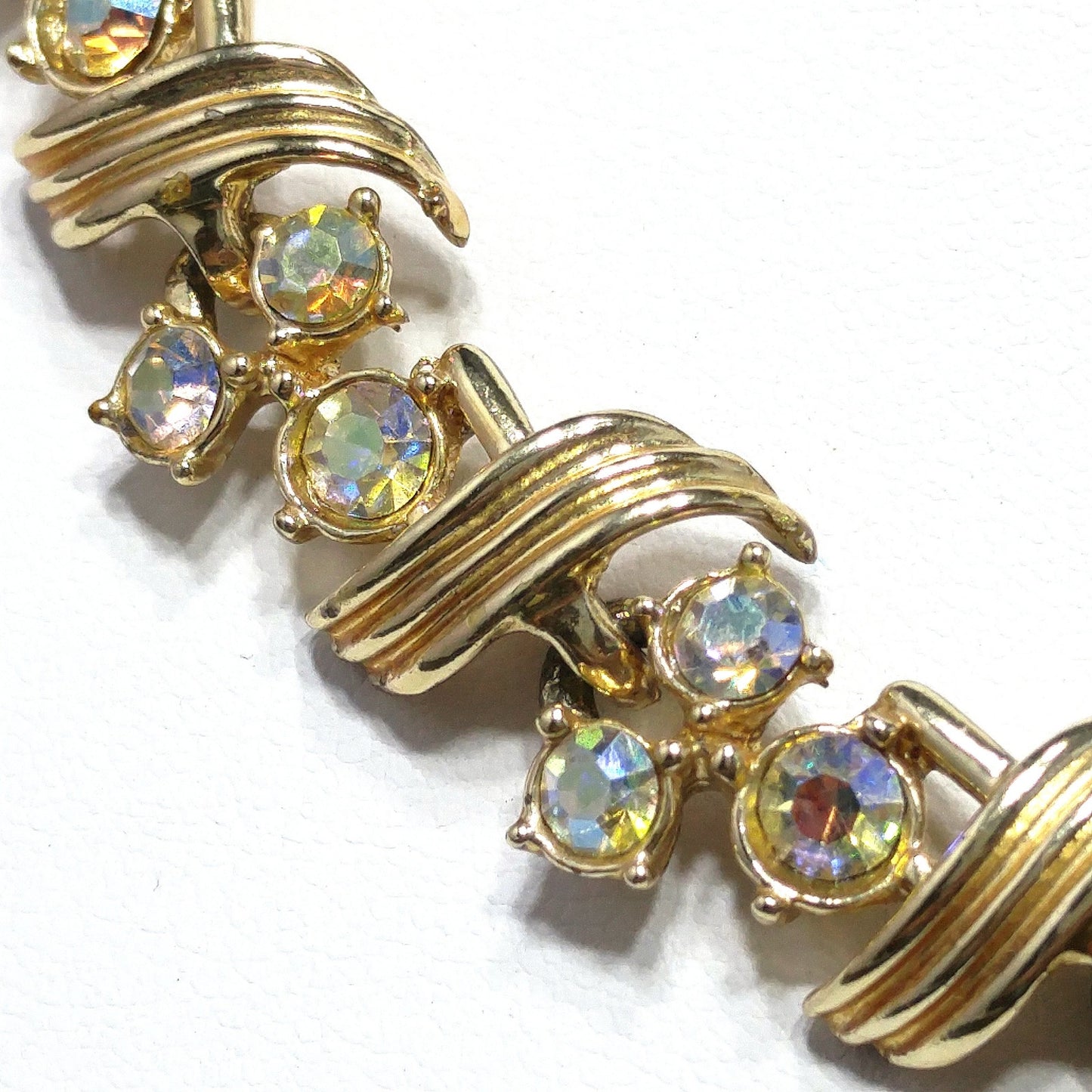 Vintage Aurora Borealis Rhinestone Necklace Bracelet Set, Gold Plated, 1960s Vintage Jewelry