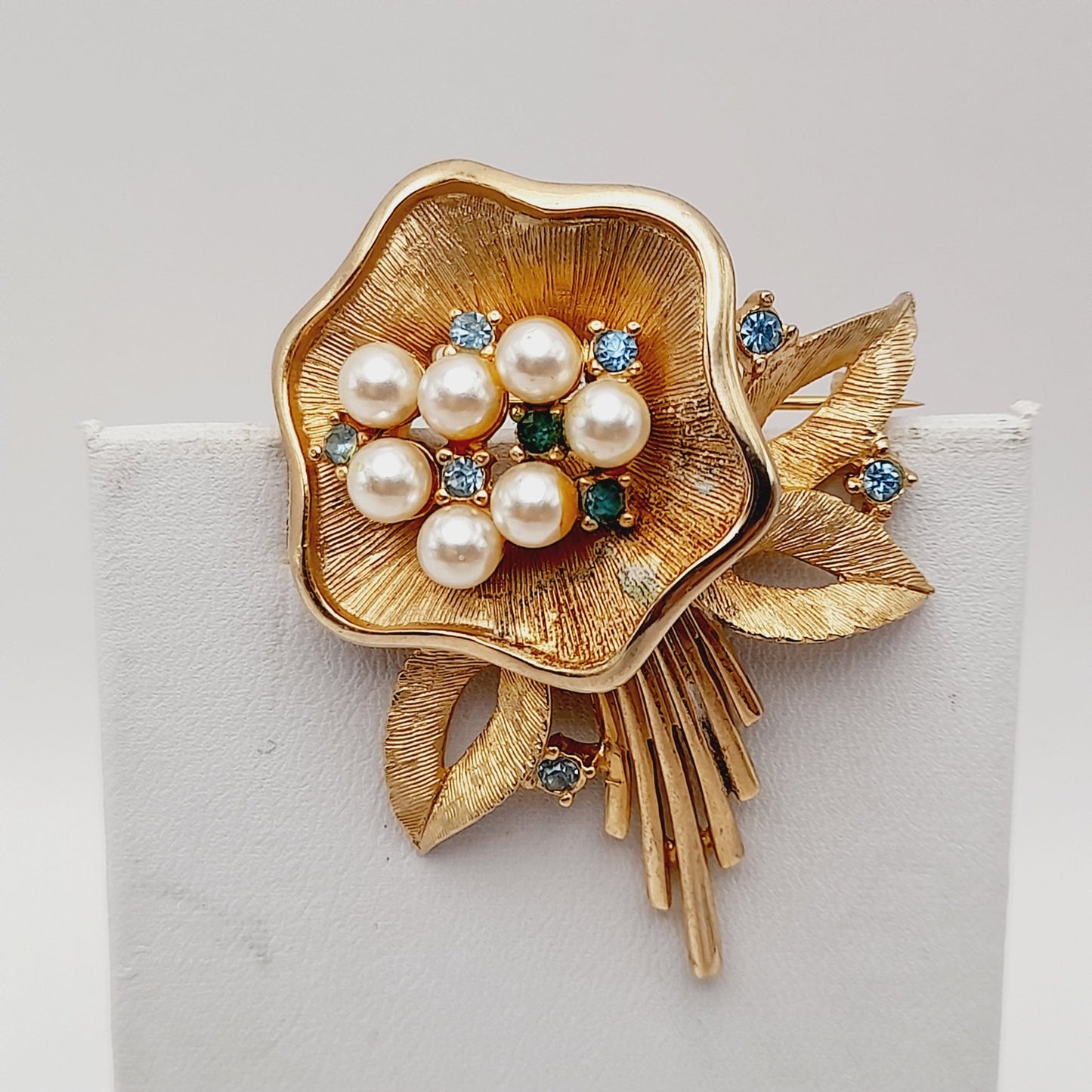 Vintage Ledo 1962 Floral Brooch, Gold Plated Faux Pearl Rhinestone Pin, Signed Mid Century Jewelry