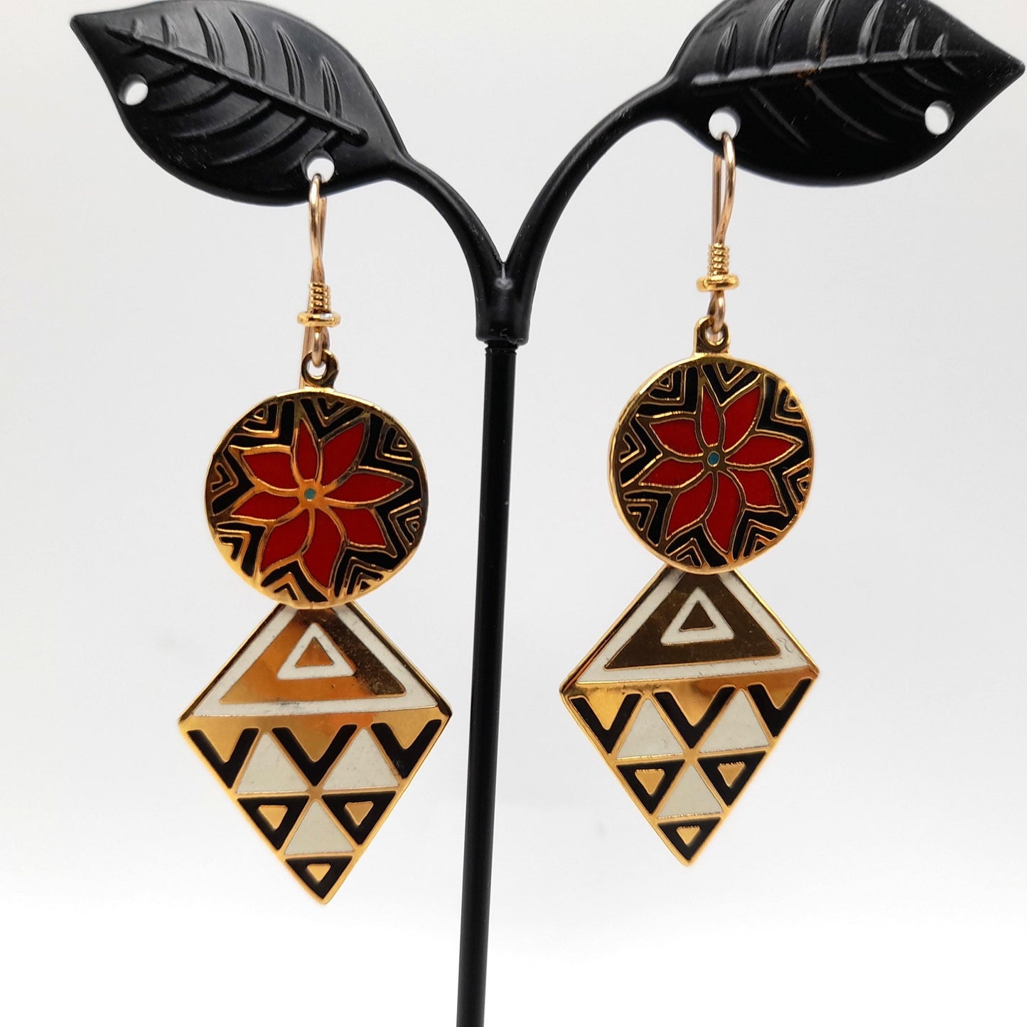 Laurel Burch "Gypsy Spirit 1993" Long Earrings, Gold Plated, GF Ear Wires, 1990s Vintage Jewelry