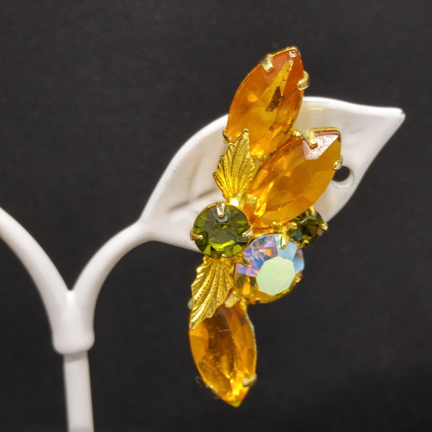 Light Topaz Green Rhinestone Brooch Earrings Set, Gold Plated, 1960s Vintage Jewelry