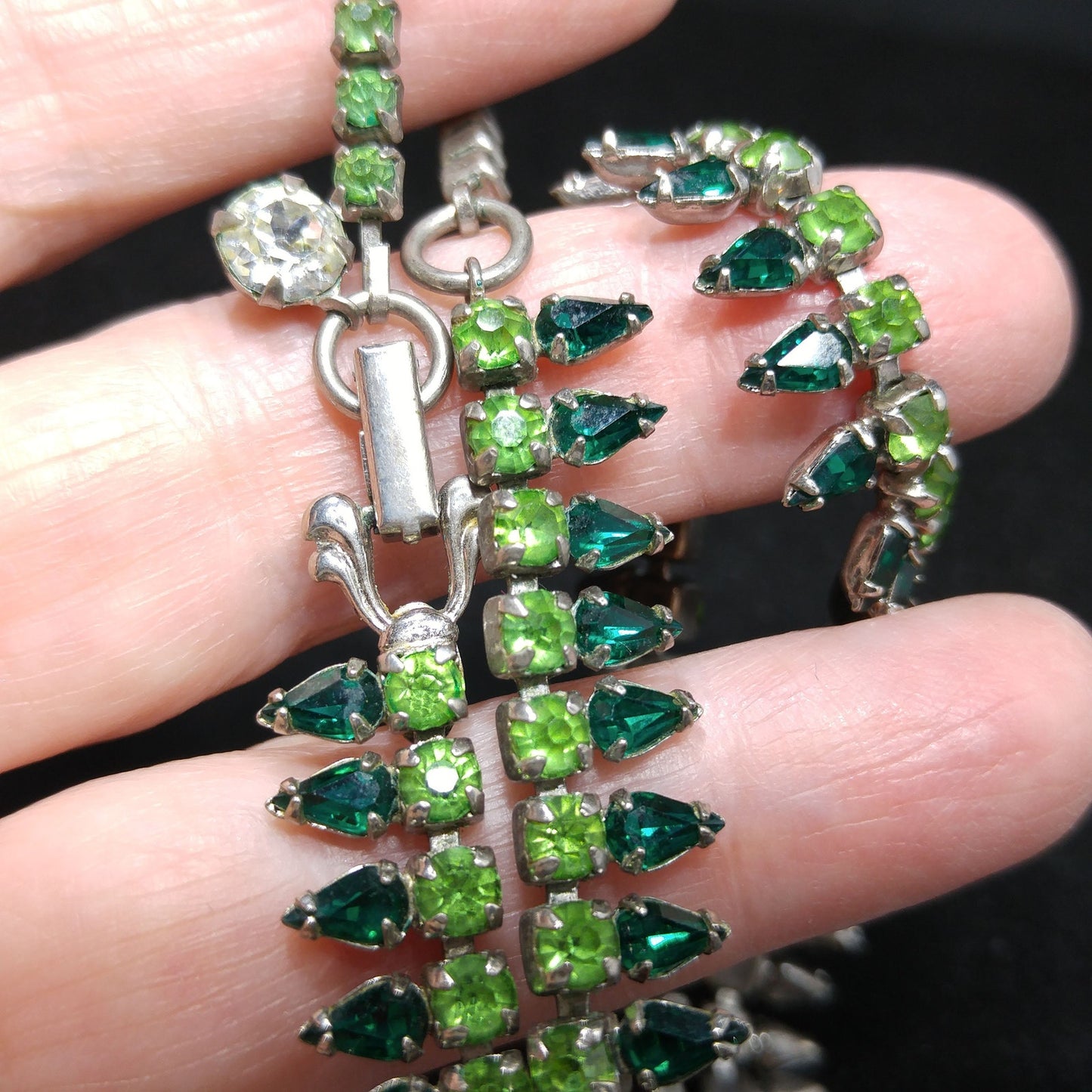 Vintage Sherman Green Rhinestone Necklace, Vaseline or Uranium Glass, 1950s