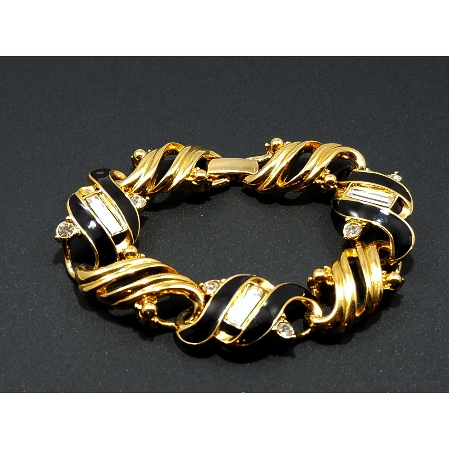 Vintage Crown Trifari Gold Plated Black Enamel Bracelet, Clear Rhinestones, 1960