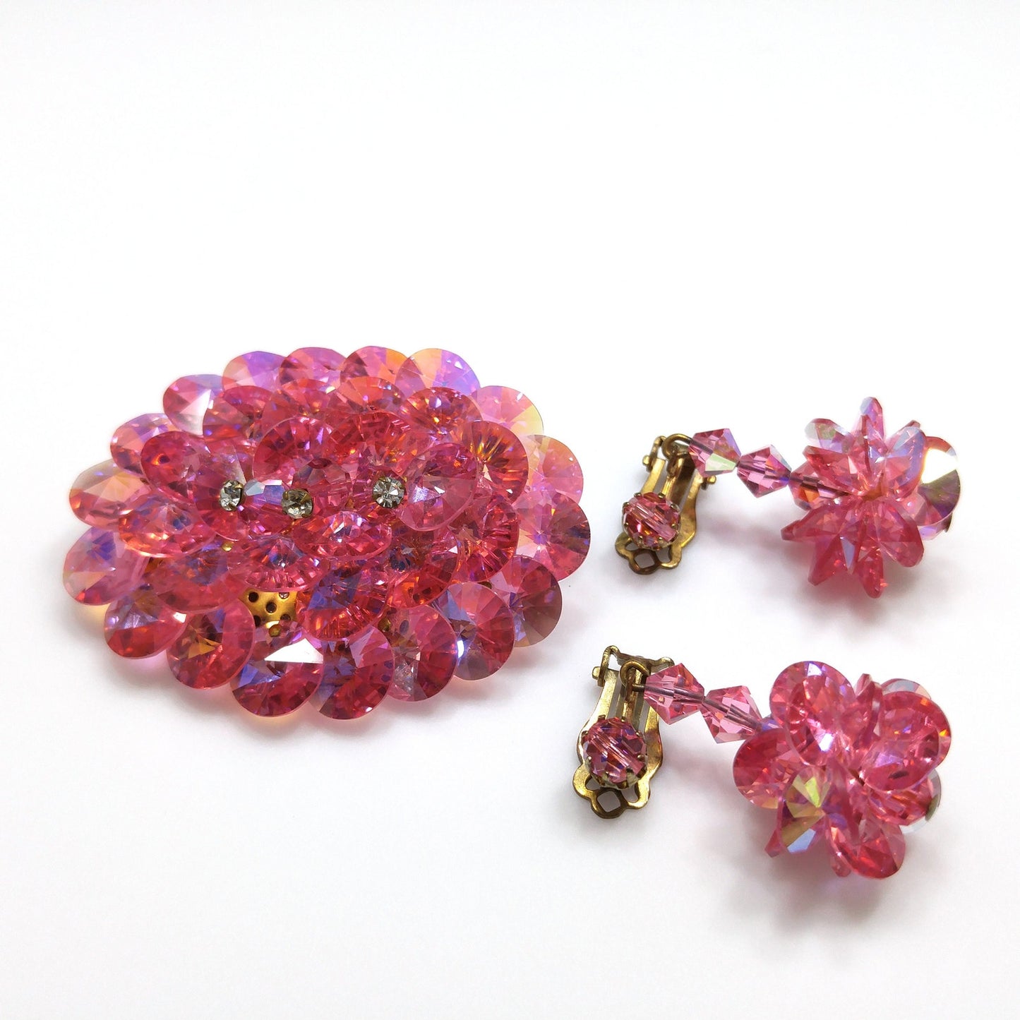 Pink Flat Crystal Brooch & Earrings, Aurora Borealis, 1960s Vintage Jewelry