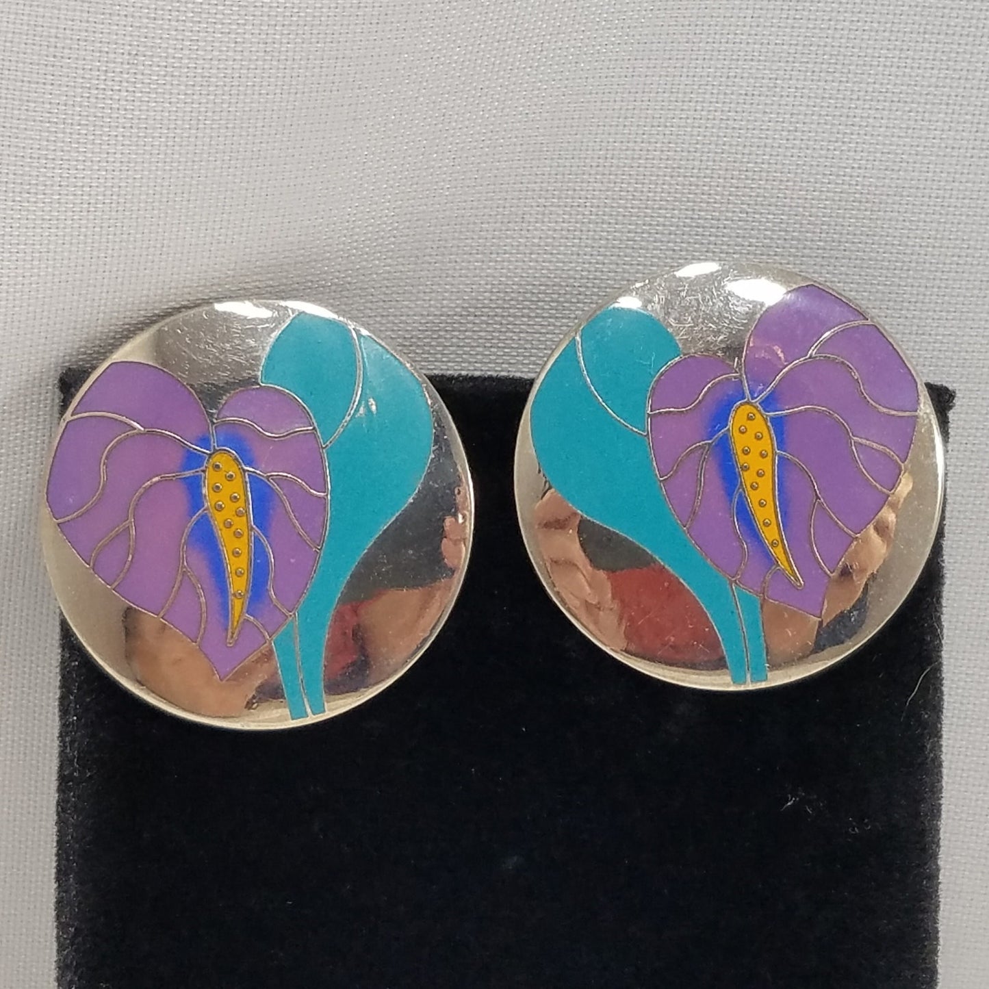 Vintage Laurel Burch "Antherium" Earrings, Rhodium Plated, 1980s Vintage Jewelry
