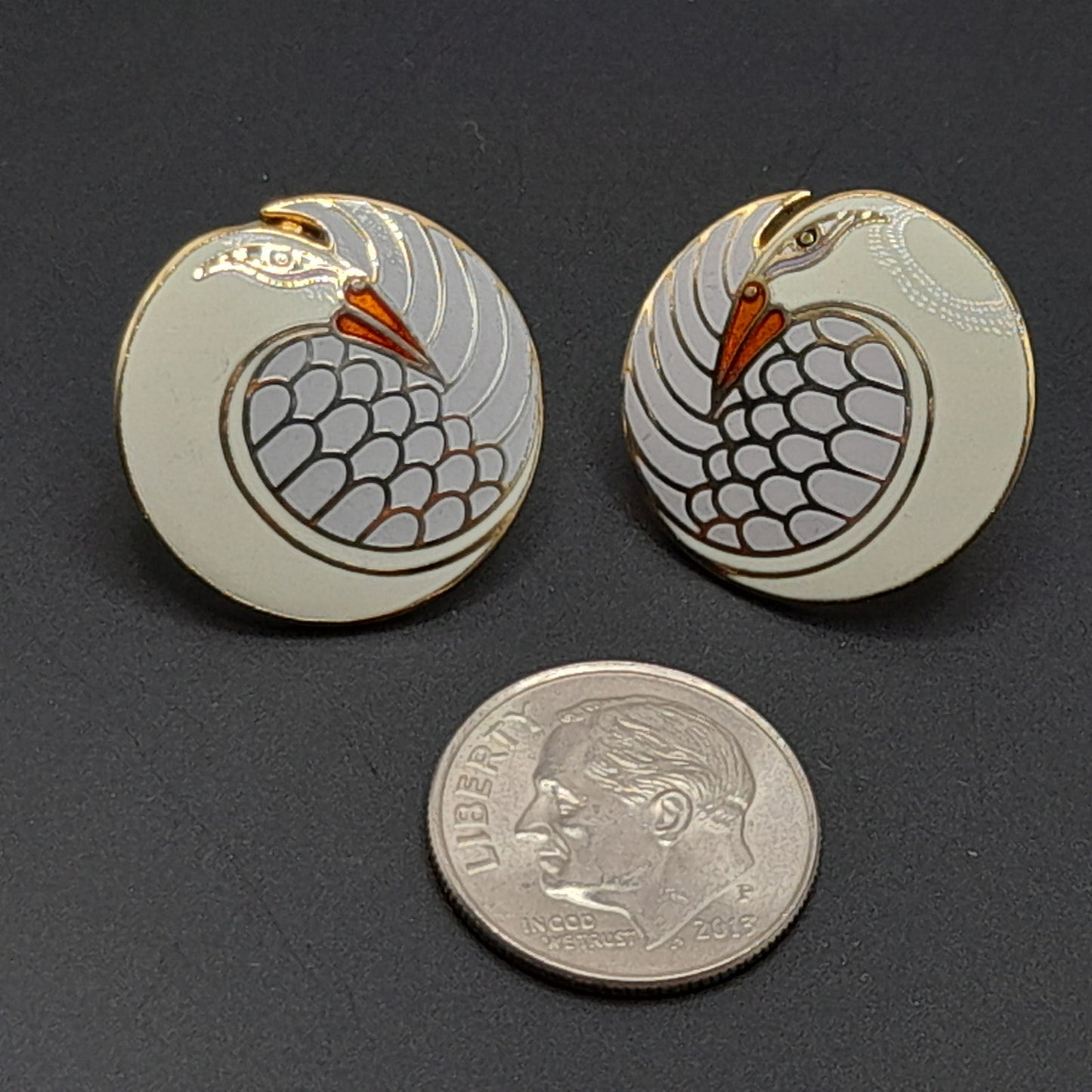 Vintage Laurel Burch Mynah Bird Earrings, Cream Orange Enamel, Gold Plated, 3/4 Inch