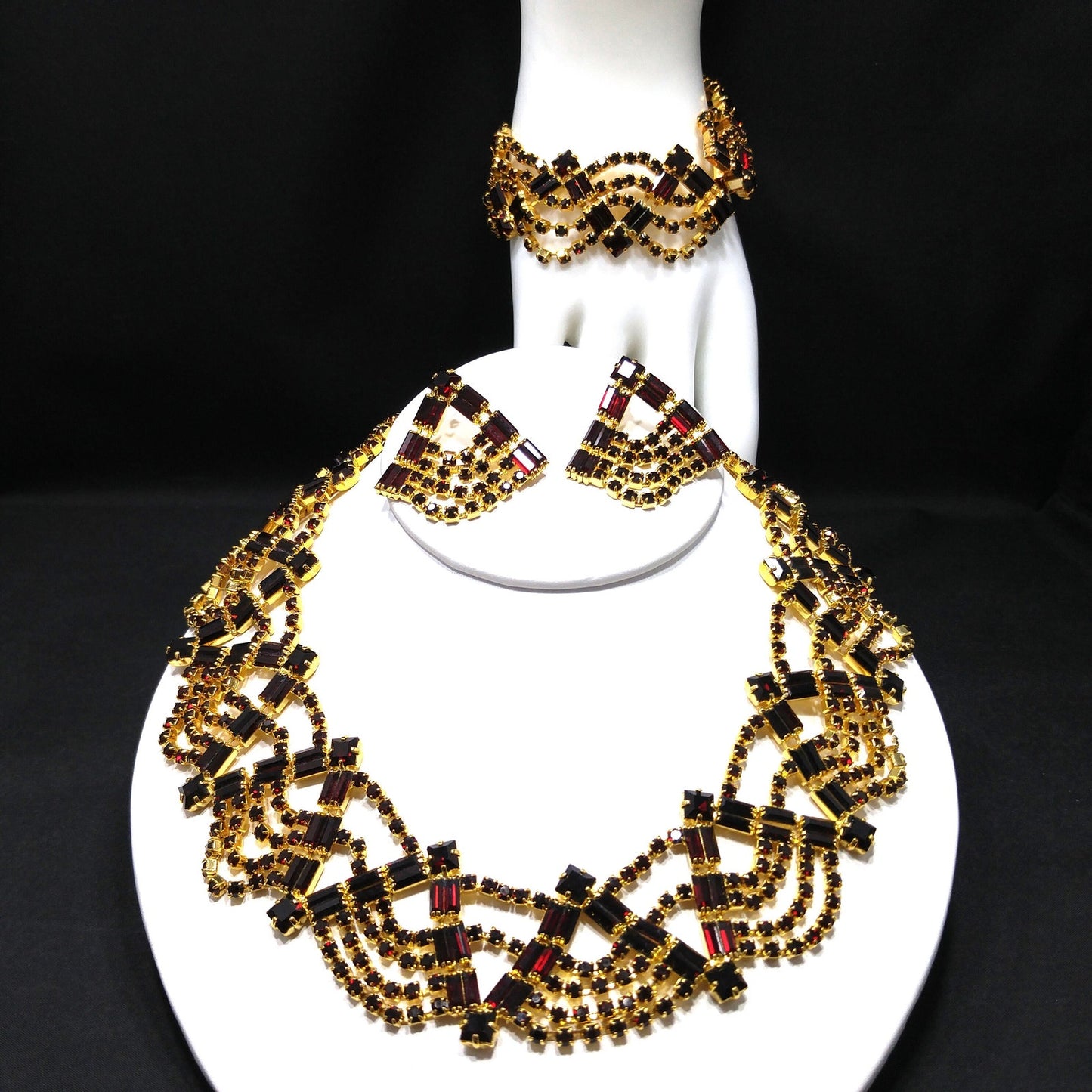 Czech Republic Garnet Red Rhinestone Necklace Bracelet Earrings, Gold Plated, 1990s Vintage Jewelry