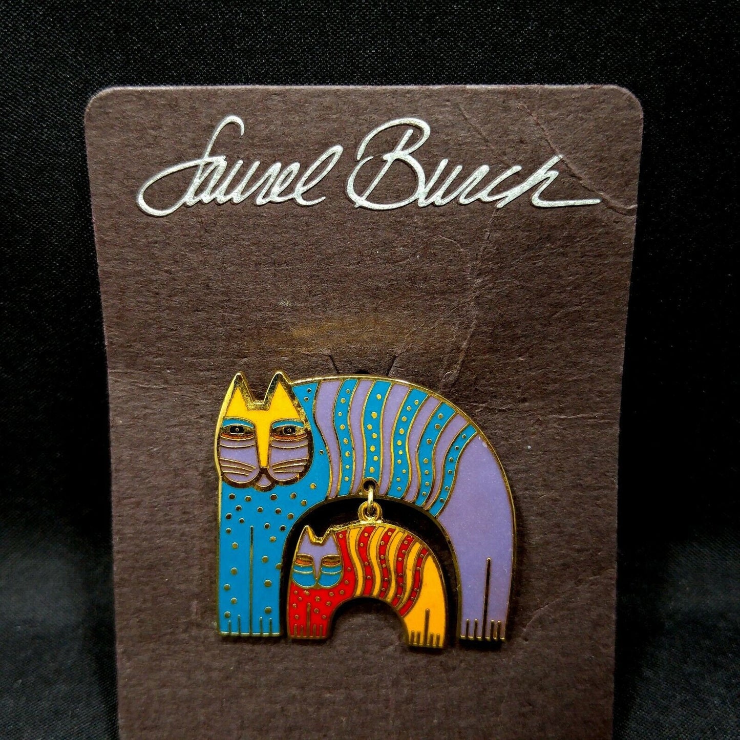 Laurel Burch Mr Jios Cat Vintage Brooch, Cloisonne Gold Plated 1980s
