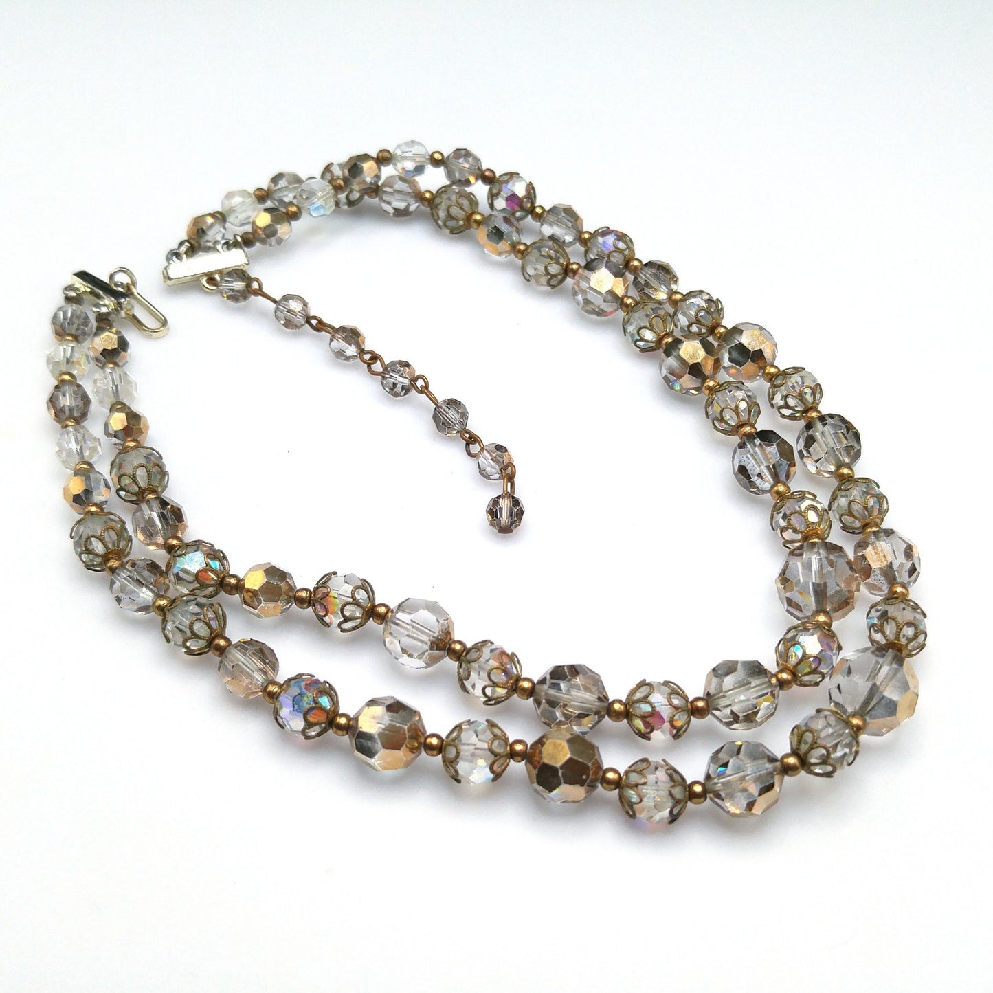 Clear Gold Crystal Beaded Necklace, Mid-Century Two Strands, 1960s Vintage Jewelry