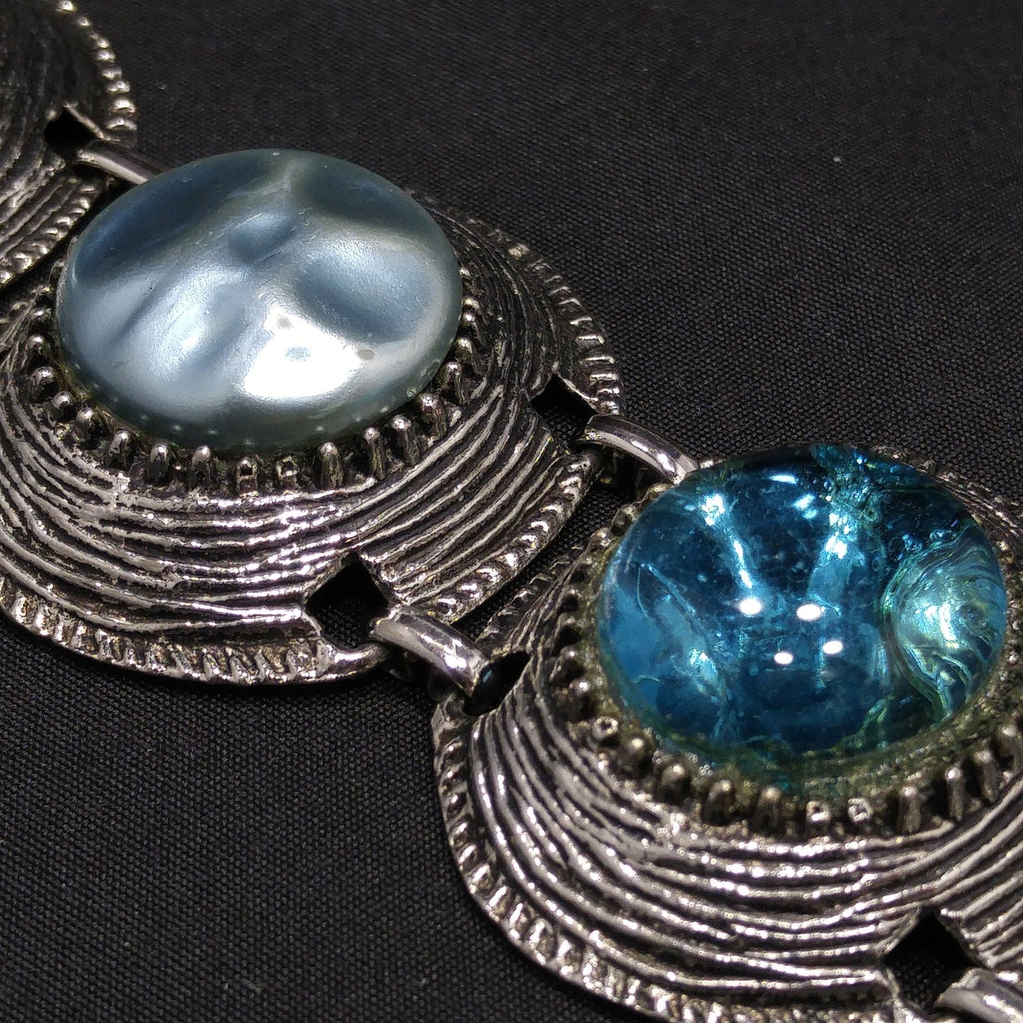 Mid-century Silver Tone Five Link Bracelet, Gold Plated, Blue Lucite Pearled & Clear