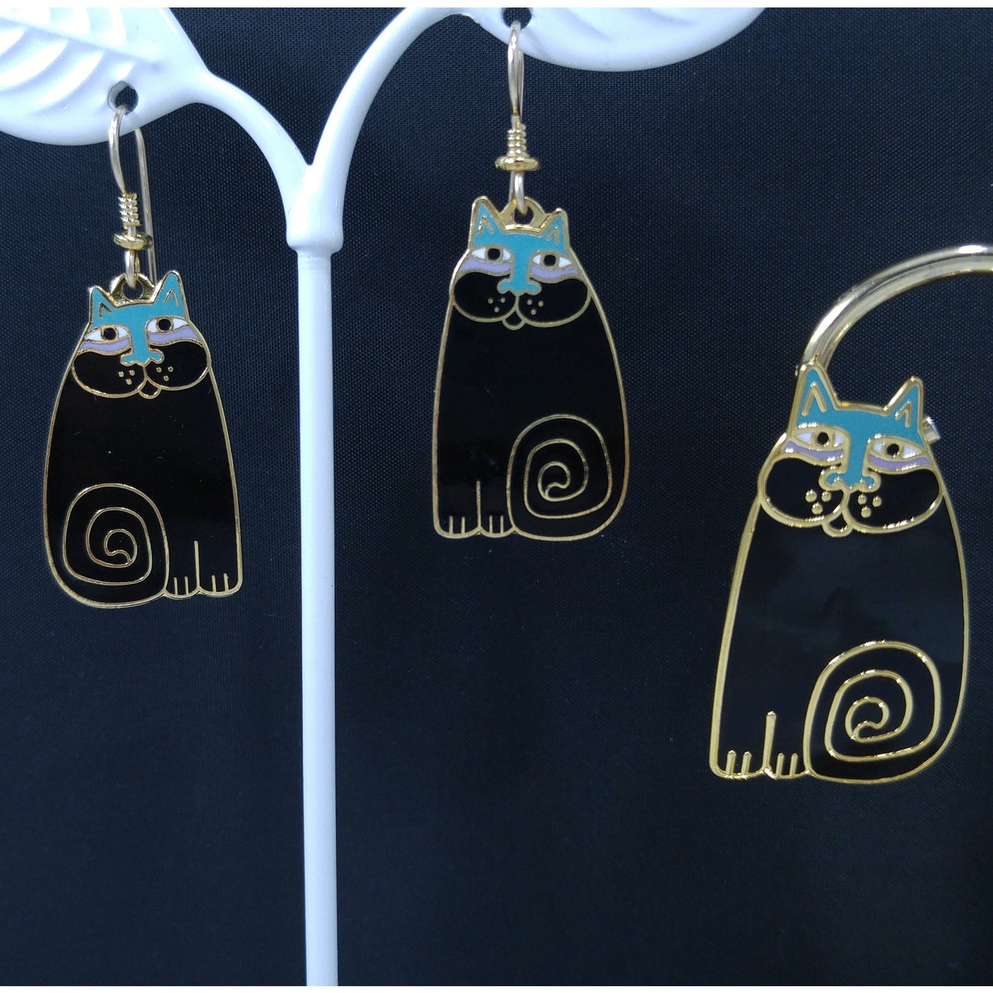 Laurel Burch "Olivia" Cat Earrings & Pendant Brooch Combo, 1980s Vintage Jewelry