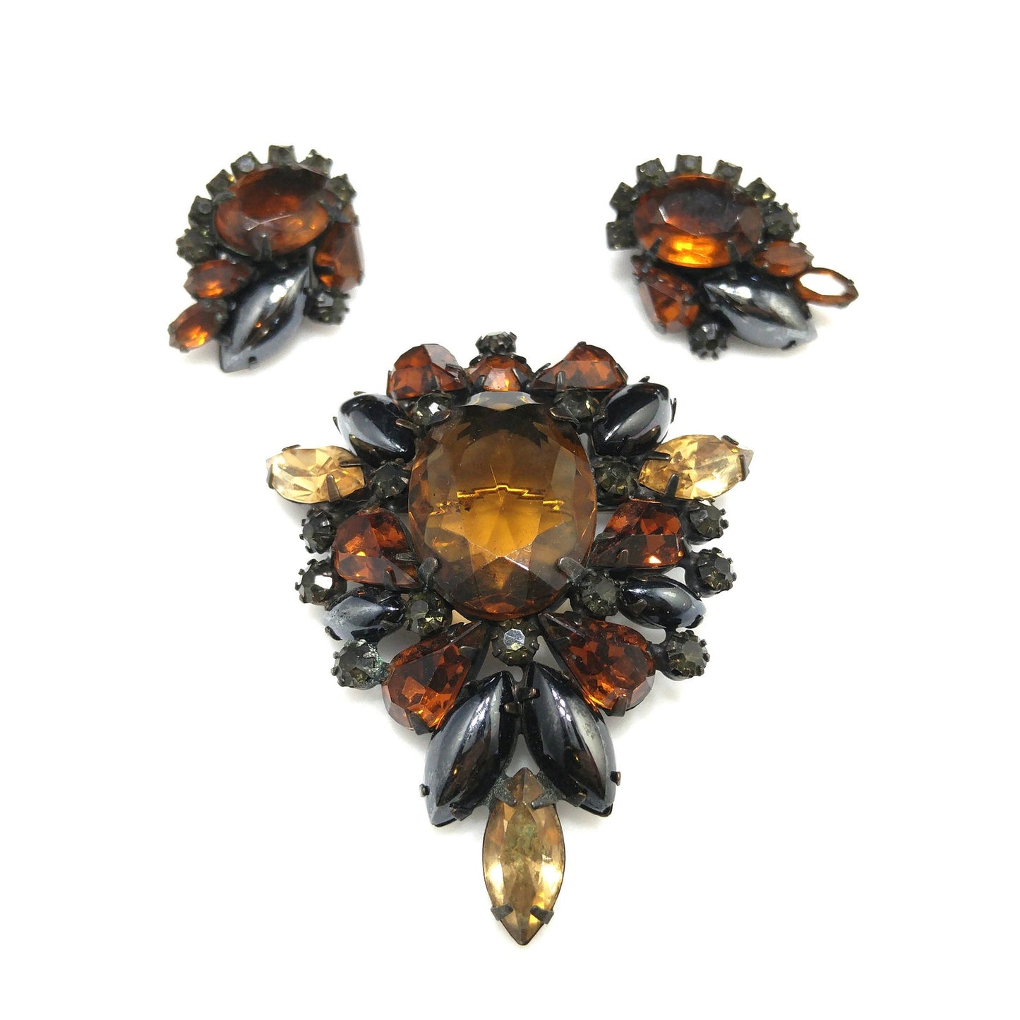 Vintage Weiss Japanned Topaz Rhinestone Brooch & Earrings