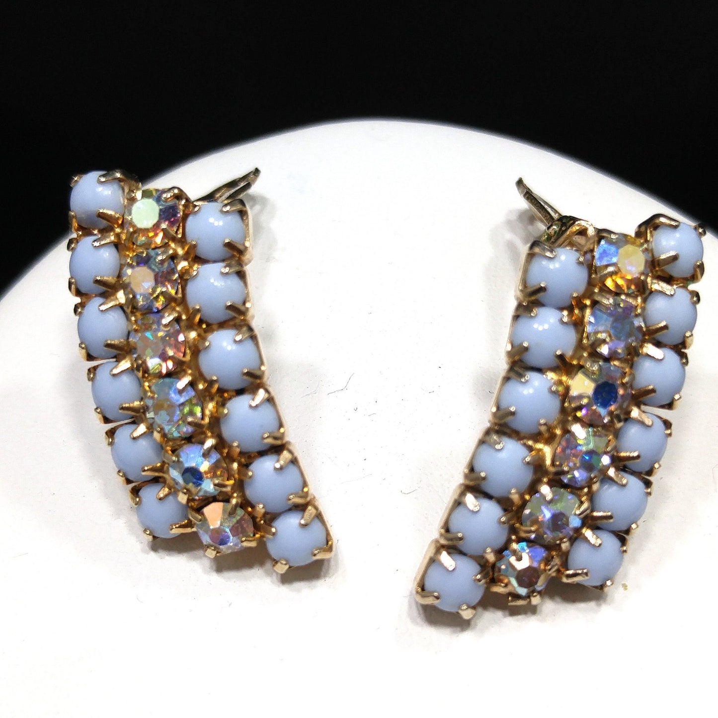 Aurora Borealis Rhinestone Necklace Earrings Set, Light Blue Cabochons, Mid Century, 1960s Vintage Jewelry