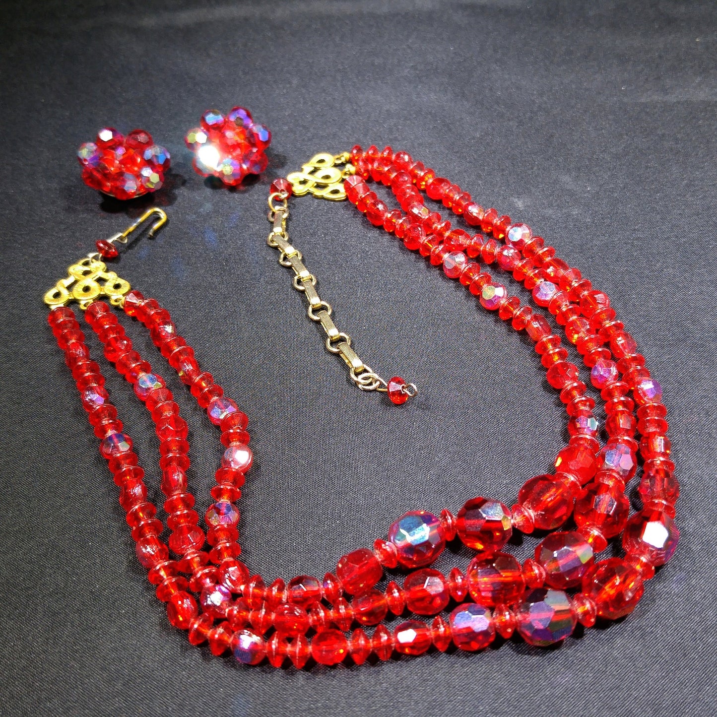 Czech Red Glass Beaded Necklace & Earrings, Fire Polished Red Beads, 1950s Vintage Jewelry