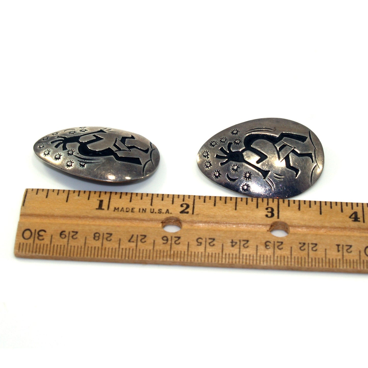 Navajo Clip Earrings, Sterling Silver Kokopelli, Della & Francis James, 1960s