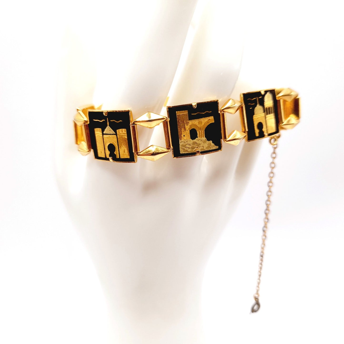 Vintage Damascene Castle Link Bracelet, Spanish Gold Black Jewelry, 7 Inch Chain