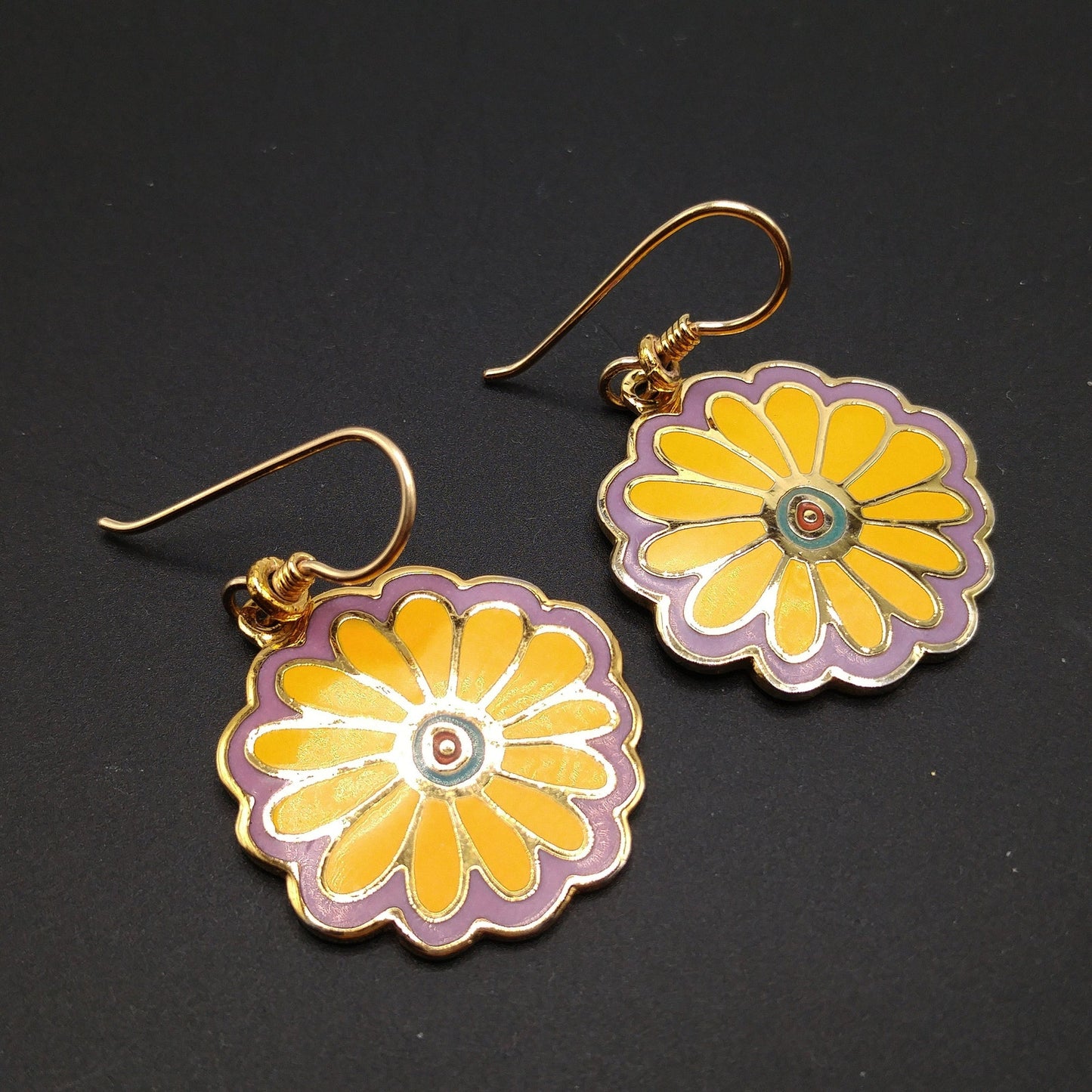 Laurel Burch "Flower Song" 1993 Flower Earrings, Gold Plated, Yellow Purple Enamel, 1990s Vintage Jewelry
