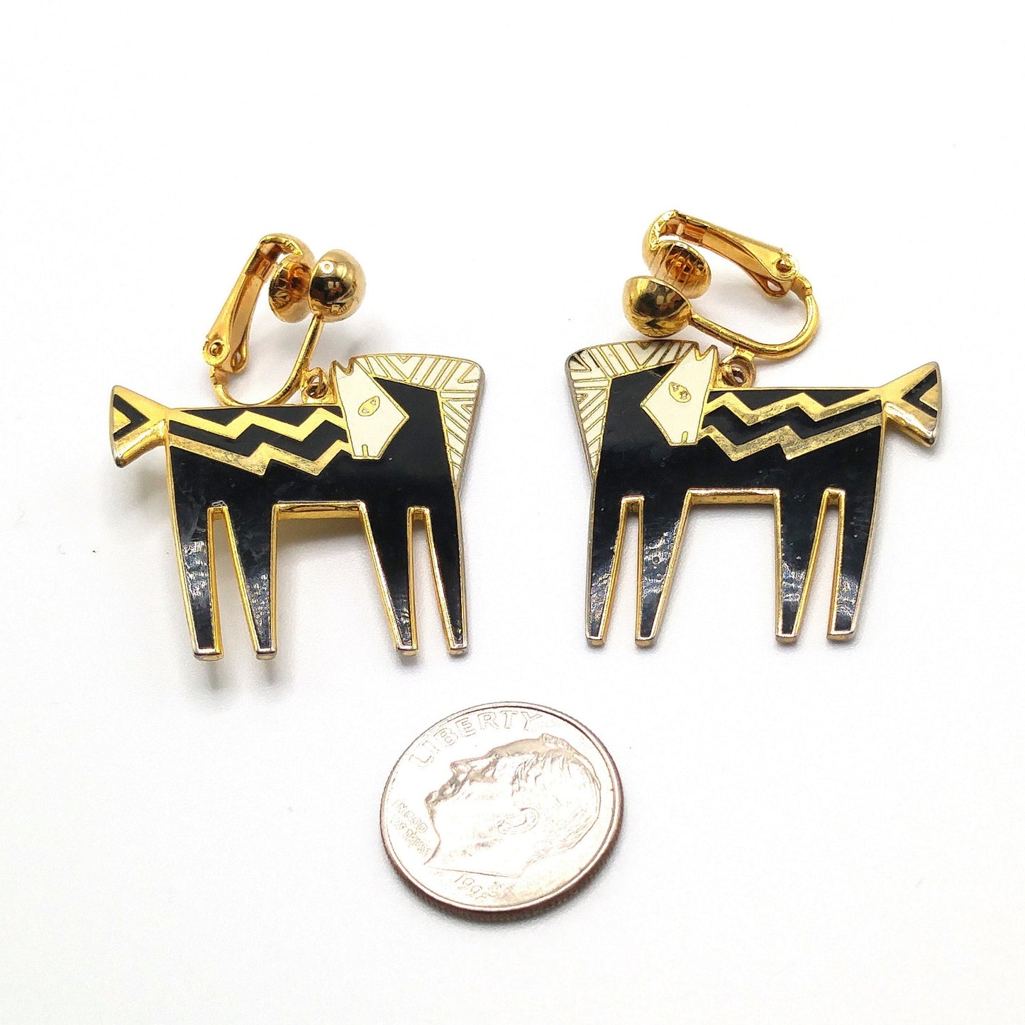 Laurel Burch "Temple Horse" Clip Earrings, Black White Enamel, Gold Plated, 1980s Vintage Jewelry