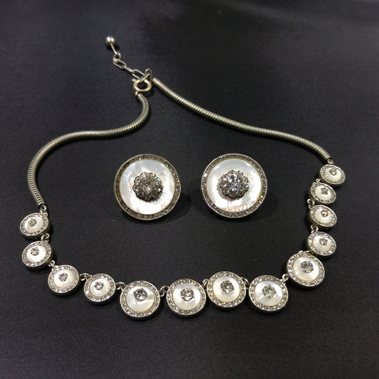 Mother of Pearl Rhinestone Jewelry, Necklace & Clip Earring Set, 1940s Vintage