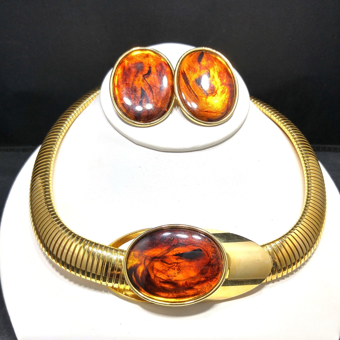 Topaz Lucite Omega Necklace Post Earrings, Faux Tortoise, 1980s Vintage Jewelry