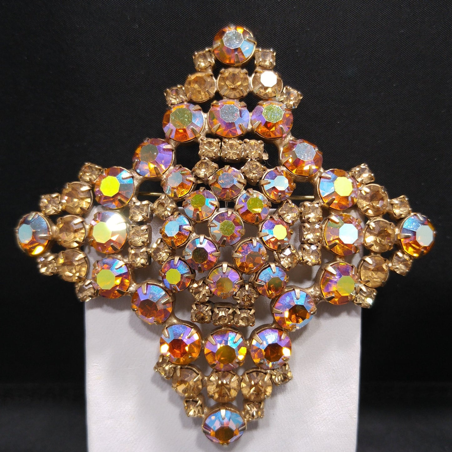 Topaz Glass Rhinestone Large Brooch, Aurora Borealis, 1960s Vintage Jewelry