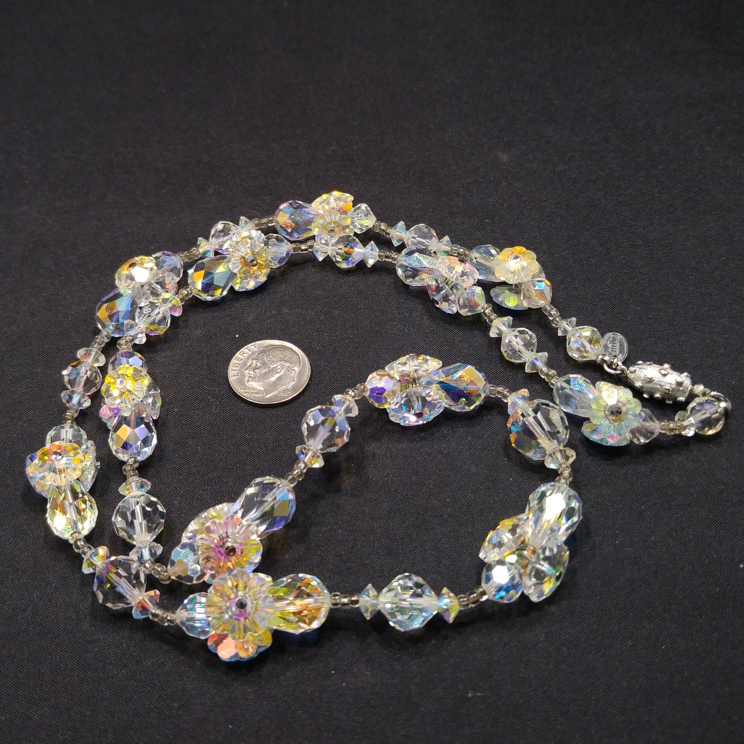 Vendome Flower Margarita Beaded Necklace, Aurora Borealis Clear Crystal Beads, 1960s Vintage Jewelry