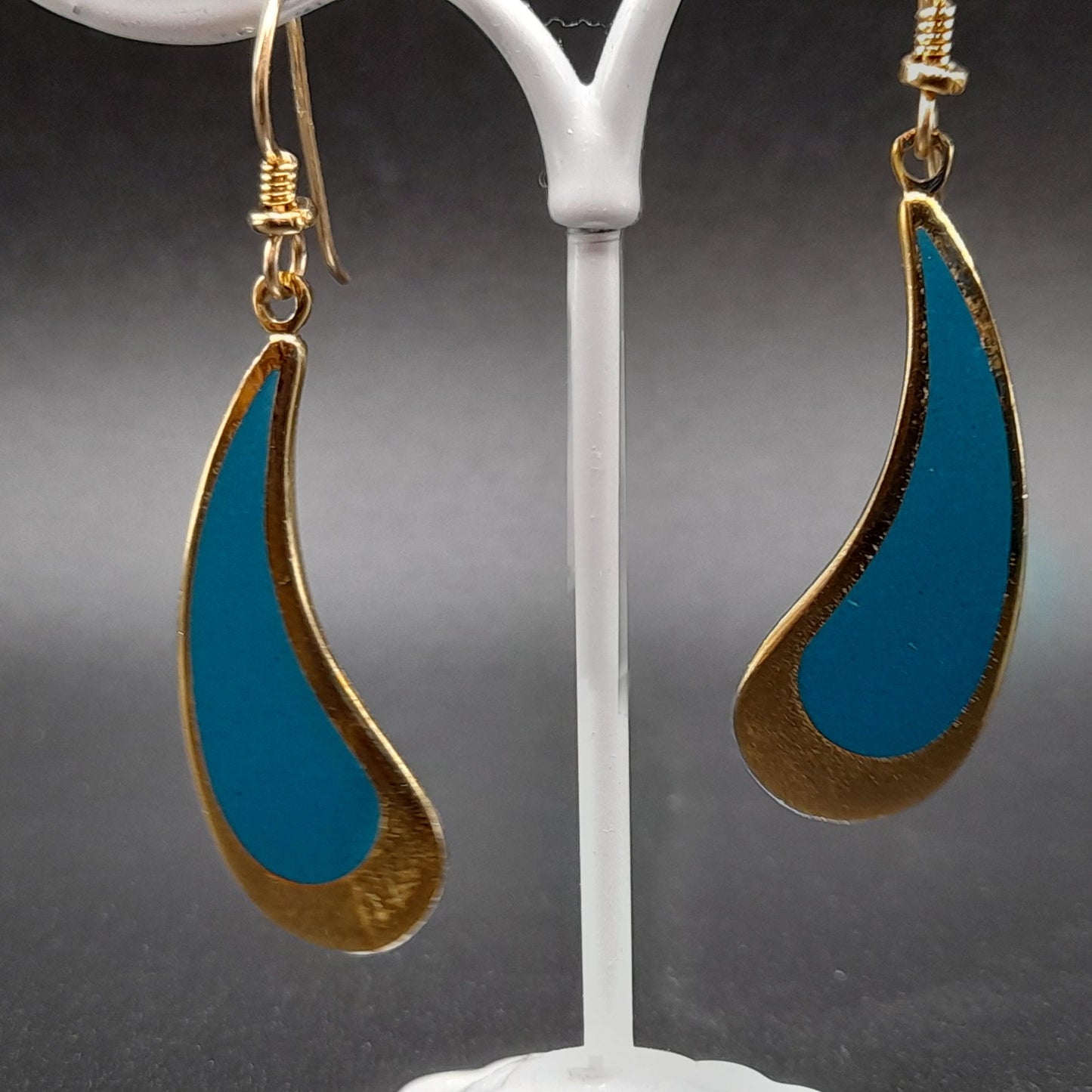 Vintage Laurel Burch Turquoise Drop Earrings, Curved Teardrop, Gold Plated