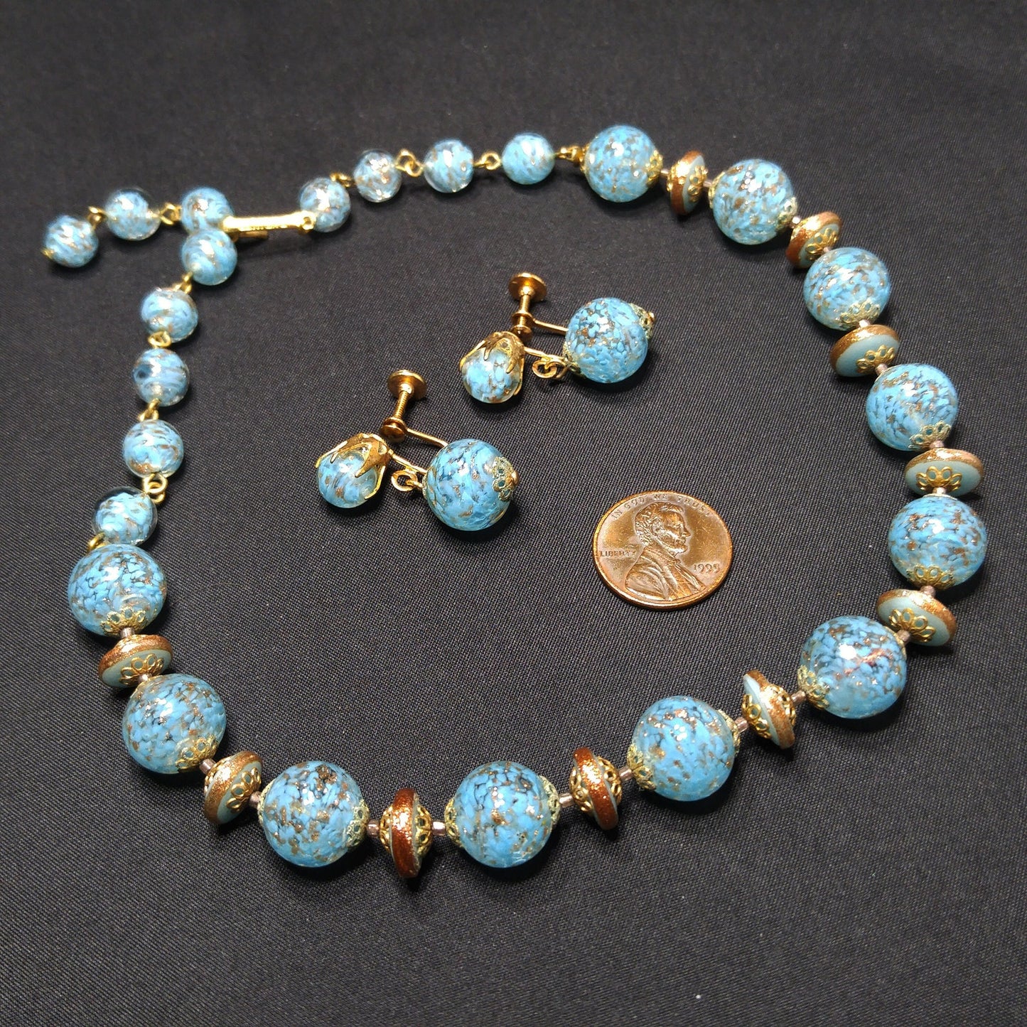 Kramer Turquoise Gold Beaded Necklace & Earrings Set, Gold Glitter Murano Glass