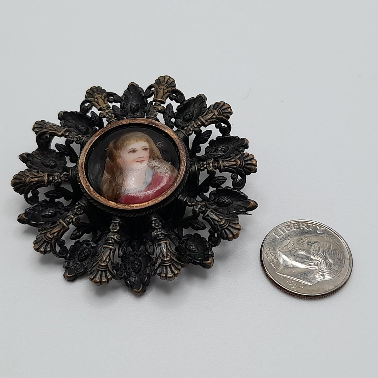 Antique Edwardian Portrait Brooch, C Clasp, Brass Filigree, Early 1900s