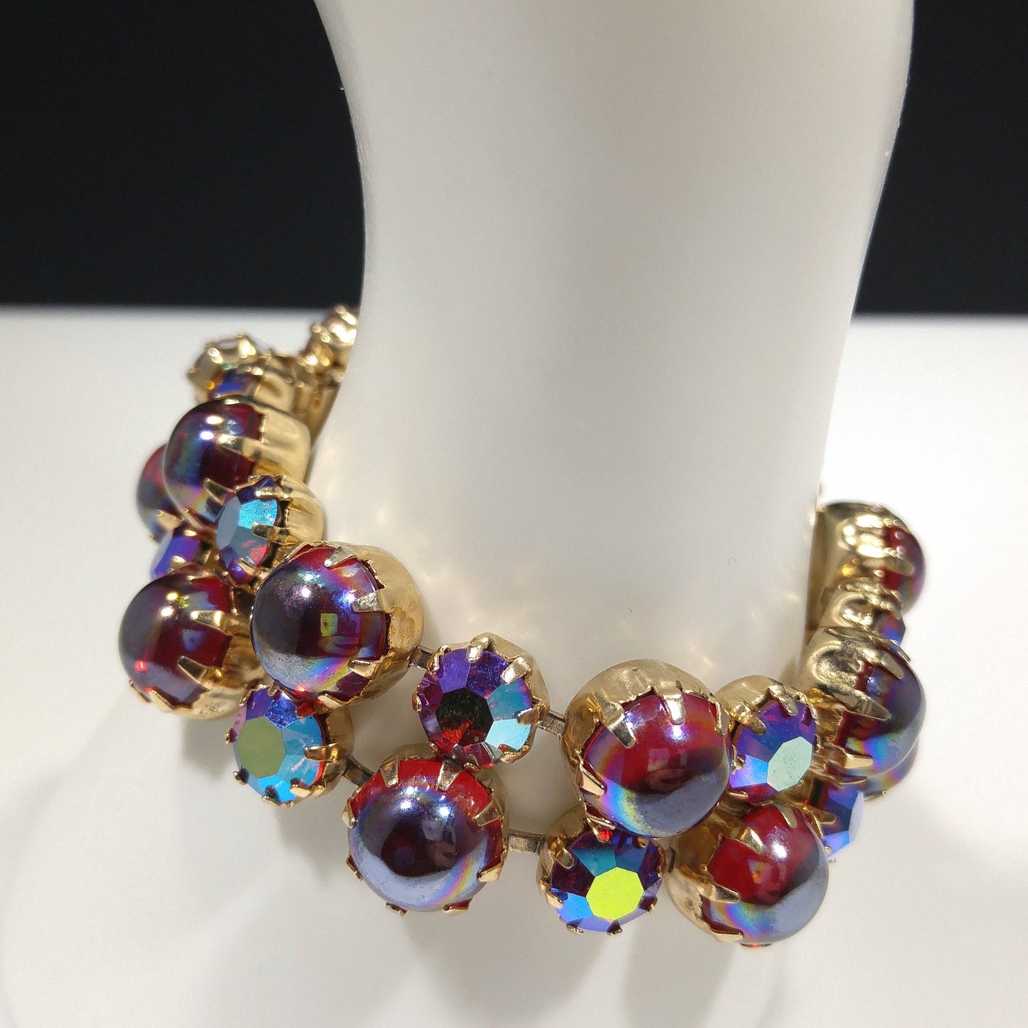 Mid-Century Red Aurora Borealis Rhinestone Cabochon Bracelet, Gold Plated, 1960s Vintage Jewelry