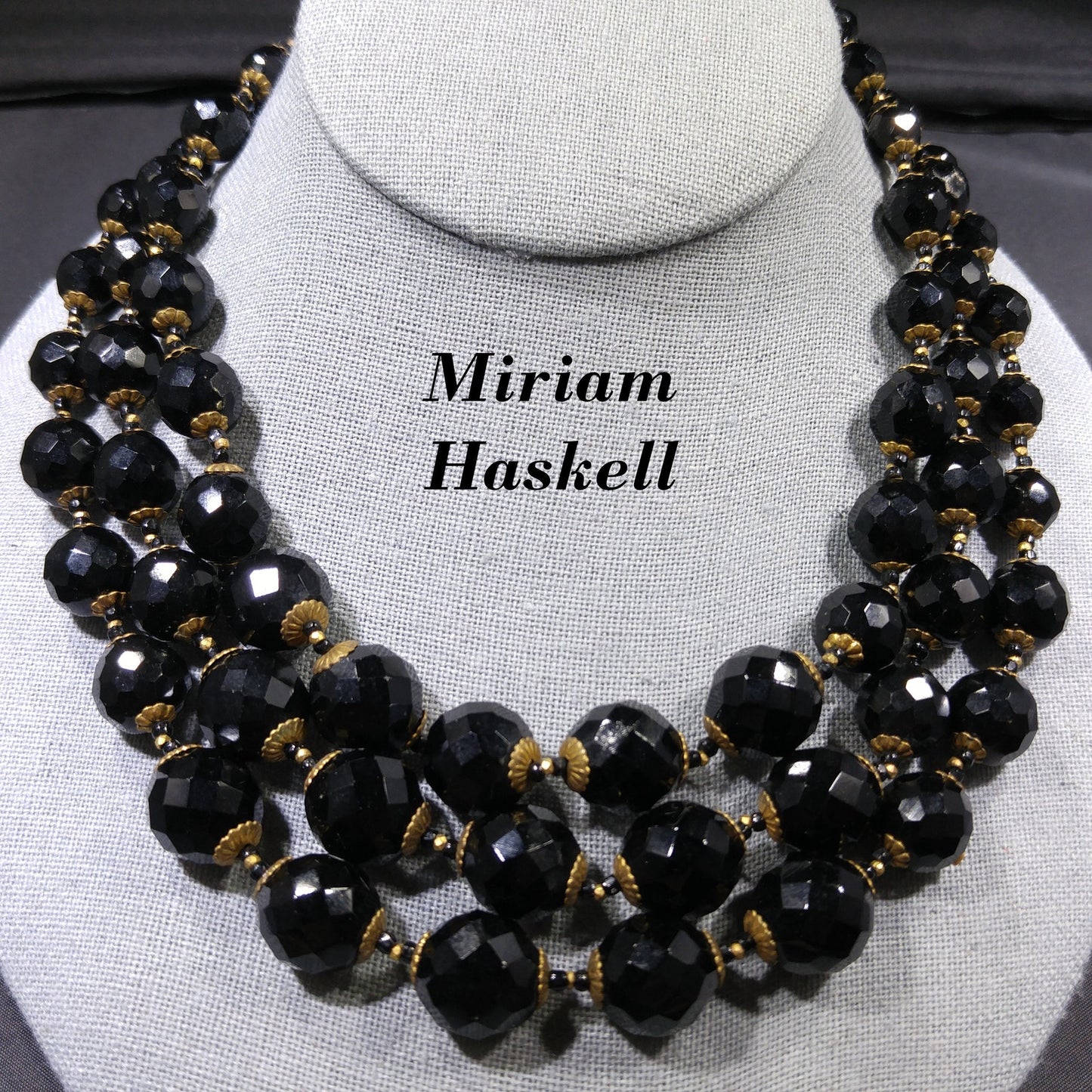 Miriam Haskell Black Beaded Necklace, Three Strands, 1960s Vintage Jewelry