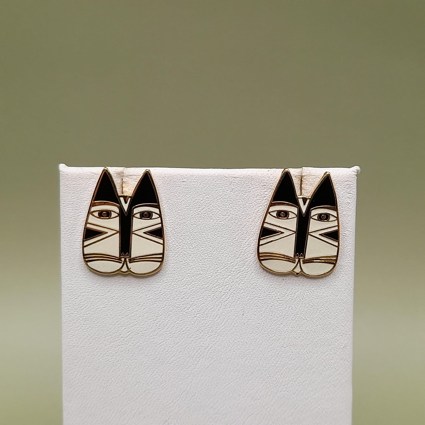Vintage Laurel Burch "Gato" Cat Post Earrings, Enamel, Gold Plated, 1980s