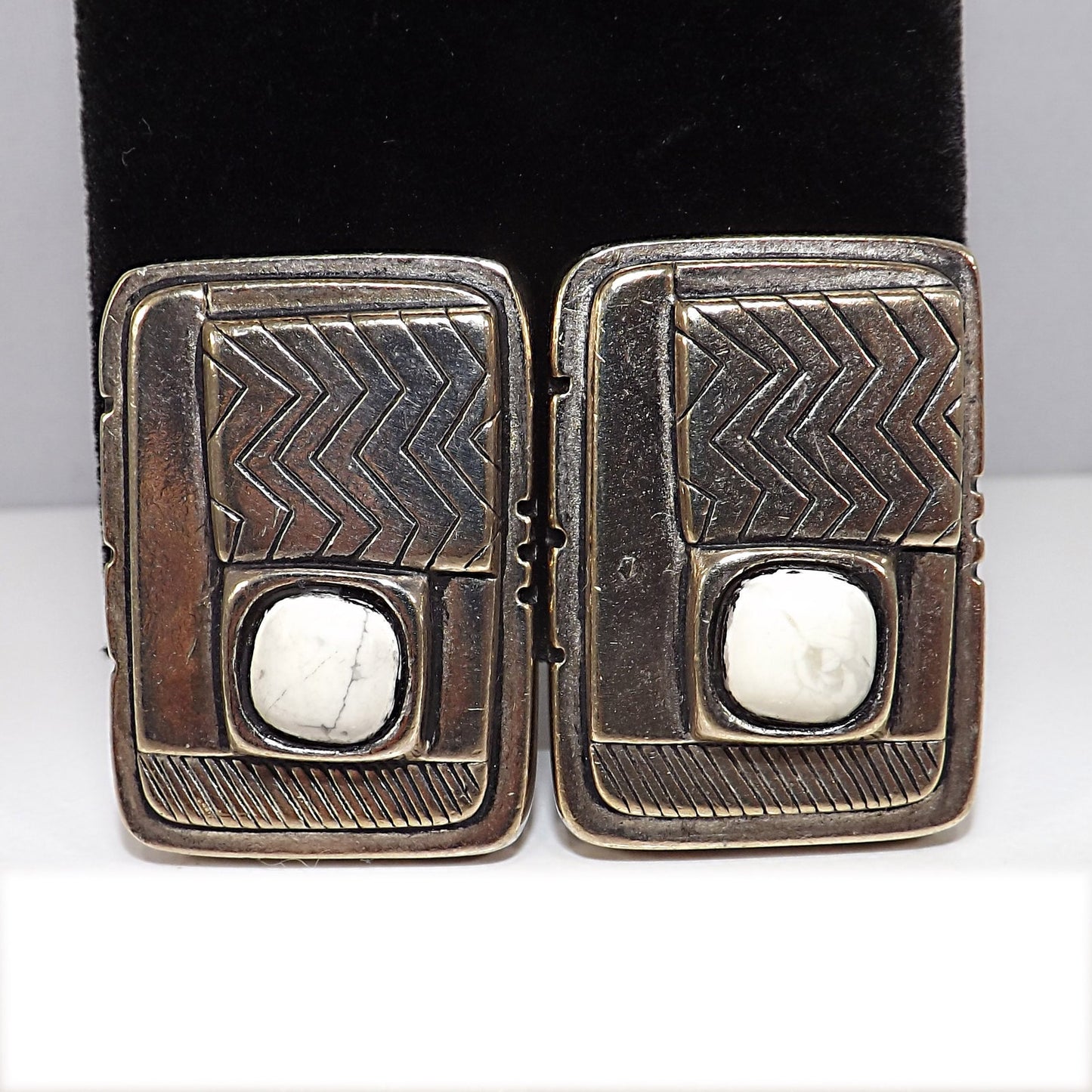 Laurel Burch Silver Clip Earrings White Magnesite Stone Vintage 1980s Rare