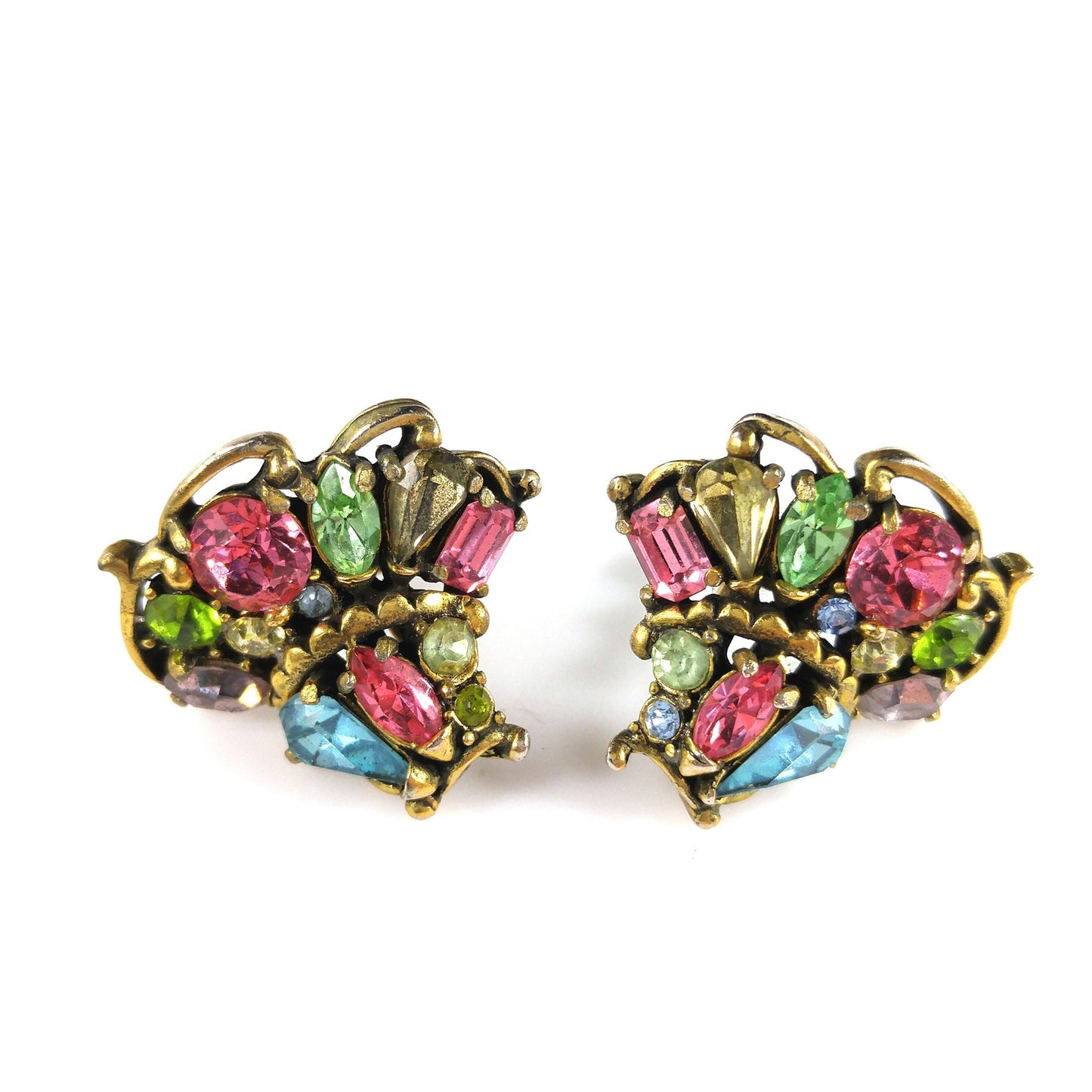 Hollycraft 1953 Pastel Rhinestone Earrings, Mid-Century Screw Backs, 1950s Vintage Jewelry