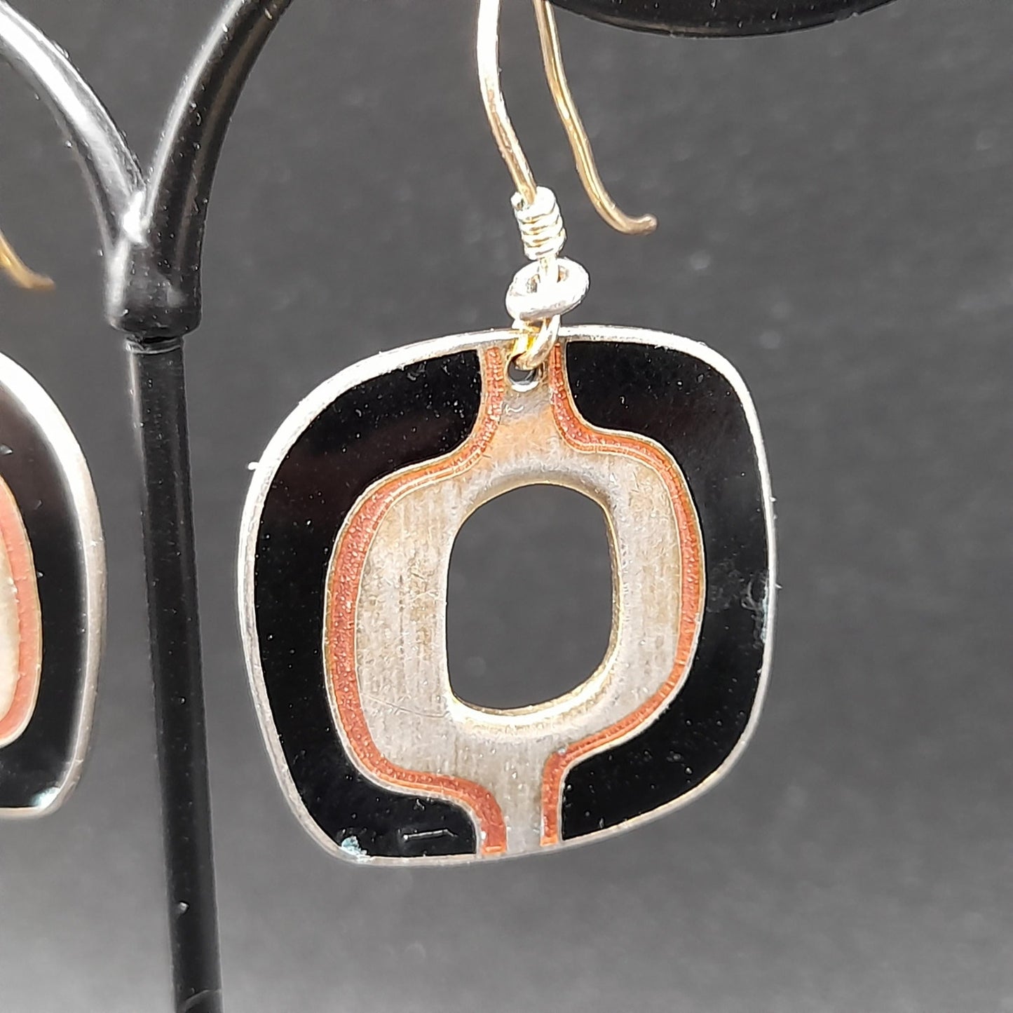 Vintage Laurel Burch Black Gold Drop Earrings, Open Center, Pink Metallic Ring