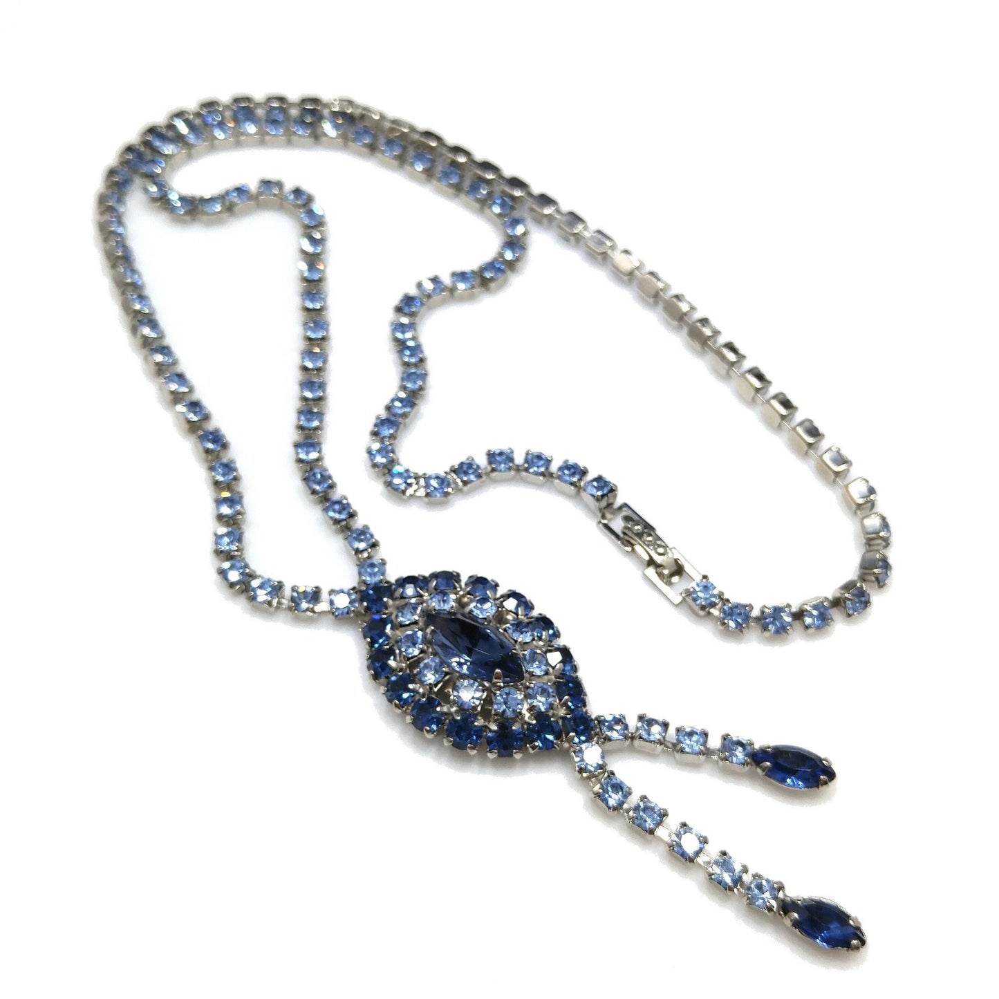 Mid Century Blue Rhinestone Rhodium Plated Necklace, Light & Dark Blue Rhinestones, 1960s Vintage Jewelry
