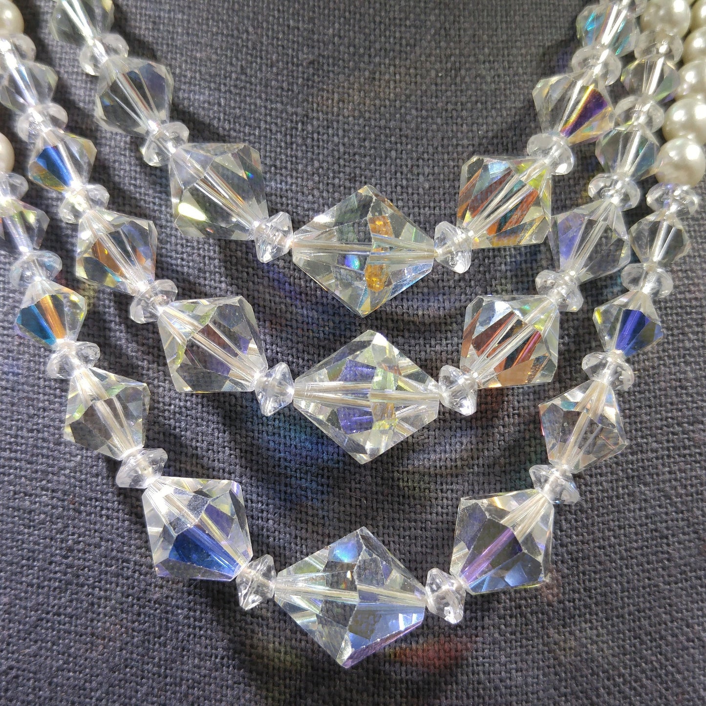 Faux Pearl AB Crystal Beaded Necklace, 3 Strands, 1950s Vintage Jewelry
