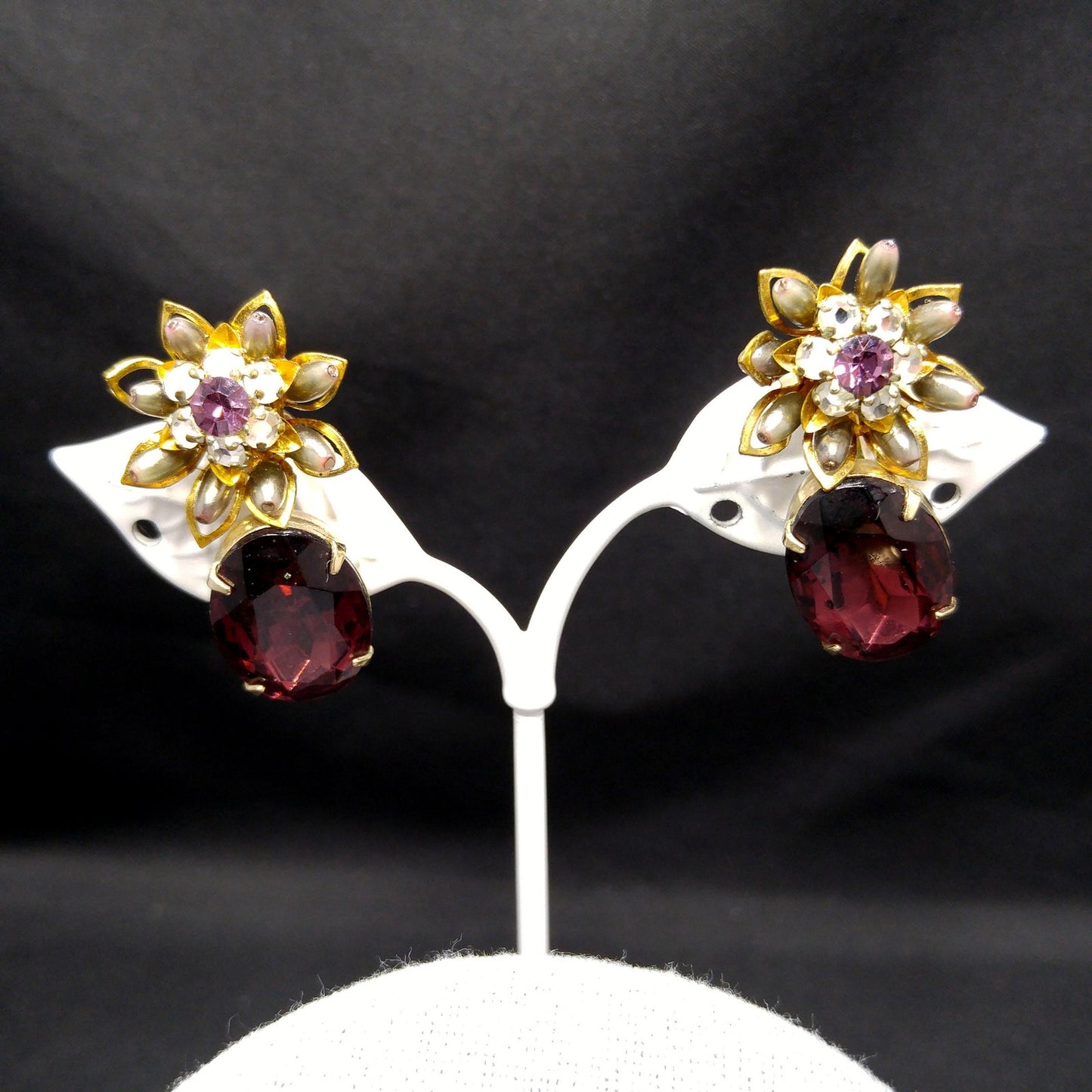 Purple Rhinestone Floral Necklace Earrings, Faux Pearls, 1950s Vintage Jewelry