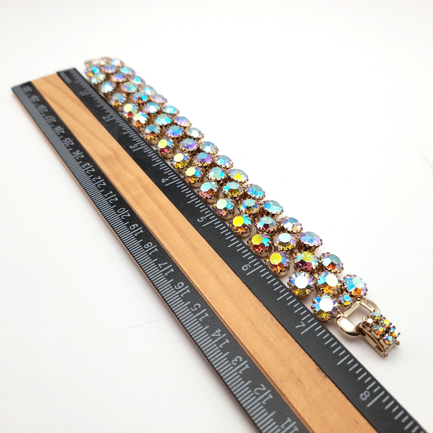 Vintage Weiss Aurora Borealis Rhinestone Bracelet Gold Plated