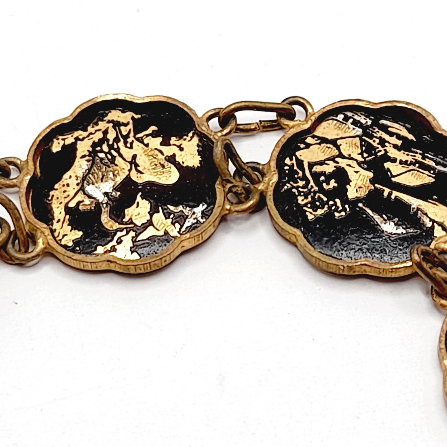 Authentic Japanese Damascene Bracelet - Vintage 6.5" Link Style - Black Gold Inlay