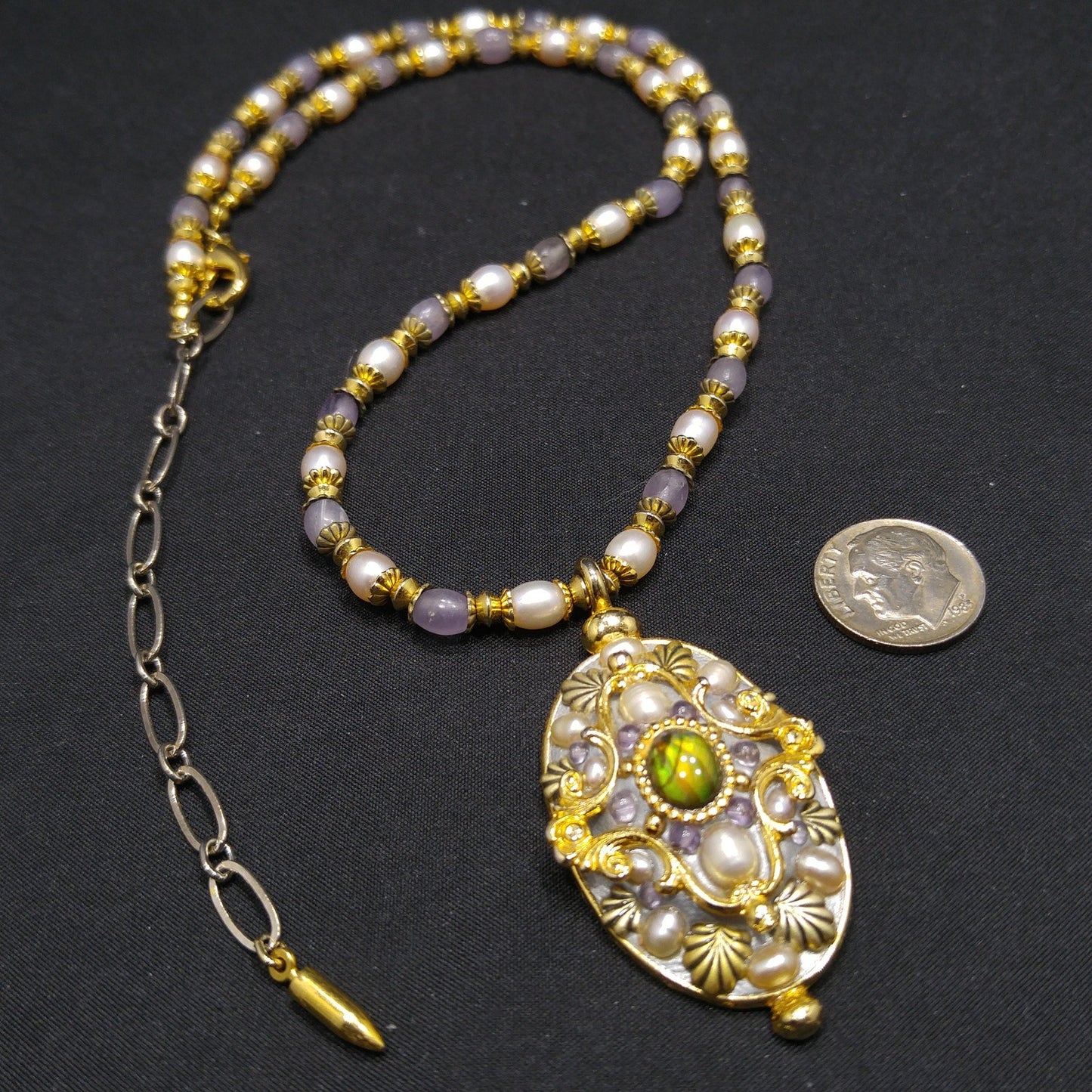 Michal Golan Amethyst Beaded Pendant Necklace, Faux Pearls, Artisan Vintage Jewelry