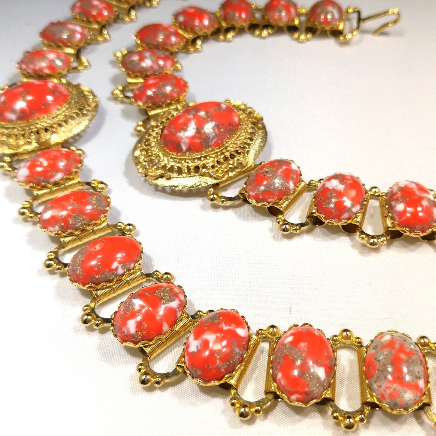 Book Chain Orange Gold Cabochon Lucite Belt or Long Necklace, Gold Robin's Egg Cabs, 36", 1960s Vintage Jewelry