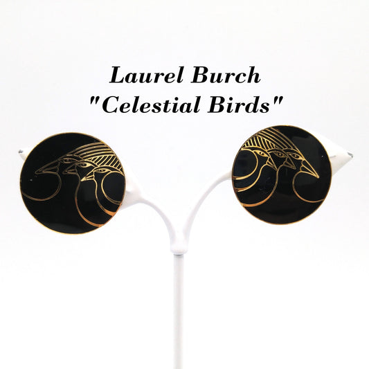 Vintage Laurel Burch "Celestial Birds" Clip Earrings, Black Enamel, Gold Plated