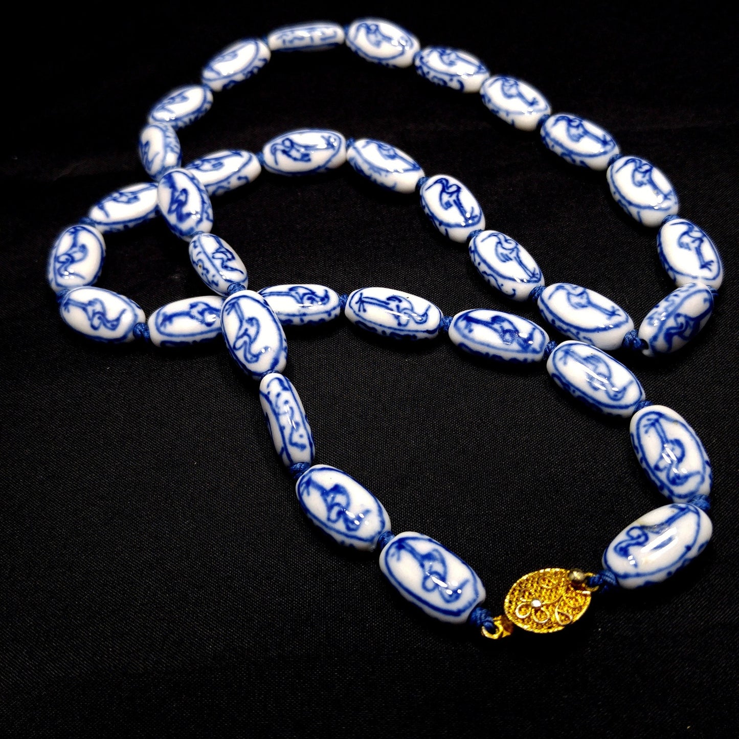 Hand Painted Blue Heron Birds Beaded Necklace, 1950s Vintage