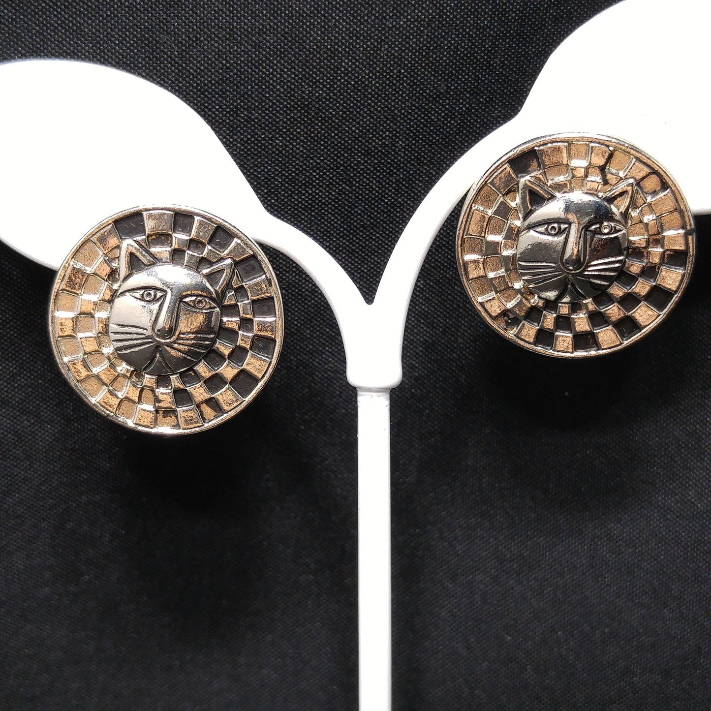 Laurel Burch Cat Face Post Earrings, Checkerboard Background, Rhodium Plate