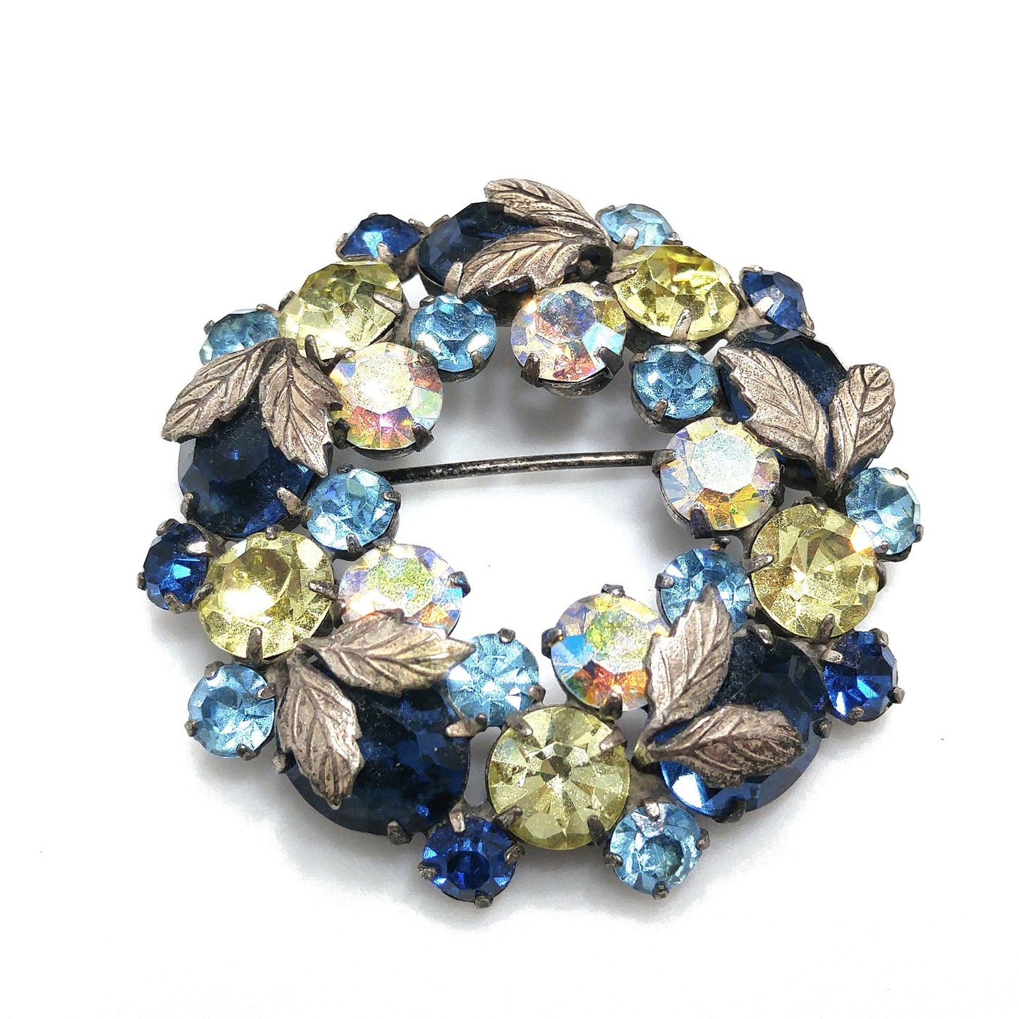 Vintage 1950s Crystal Rhinestone Wreath Brooch – Blue, Yellow, Aurora Borealis – Regency Style