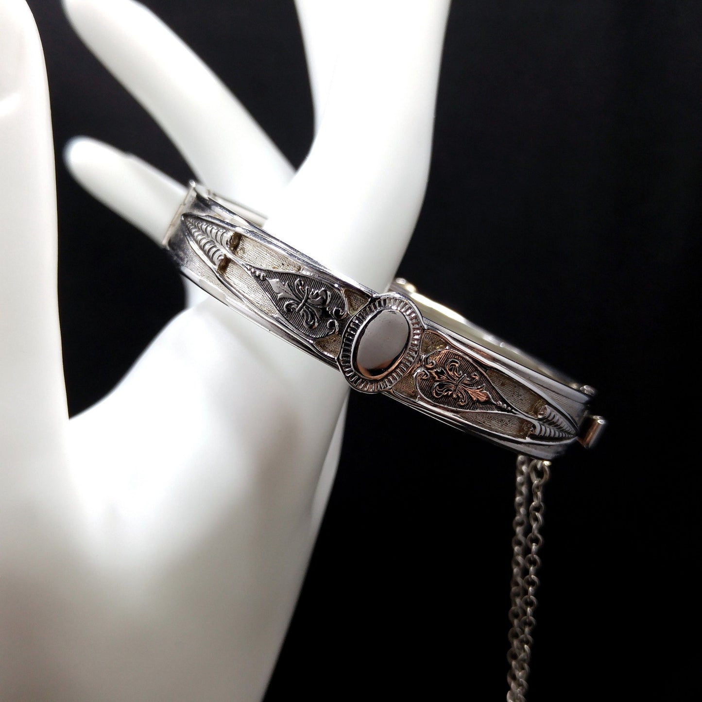 Whiting & Davis Rhodium Plated Hinged Bracelet, Safety Chain, 1960s Vintage Jewelry