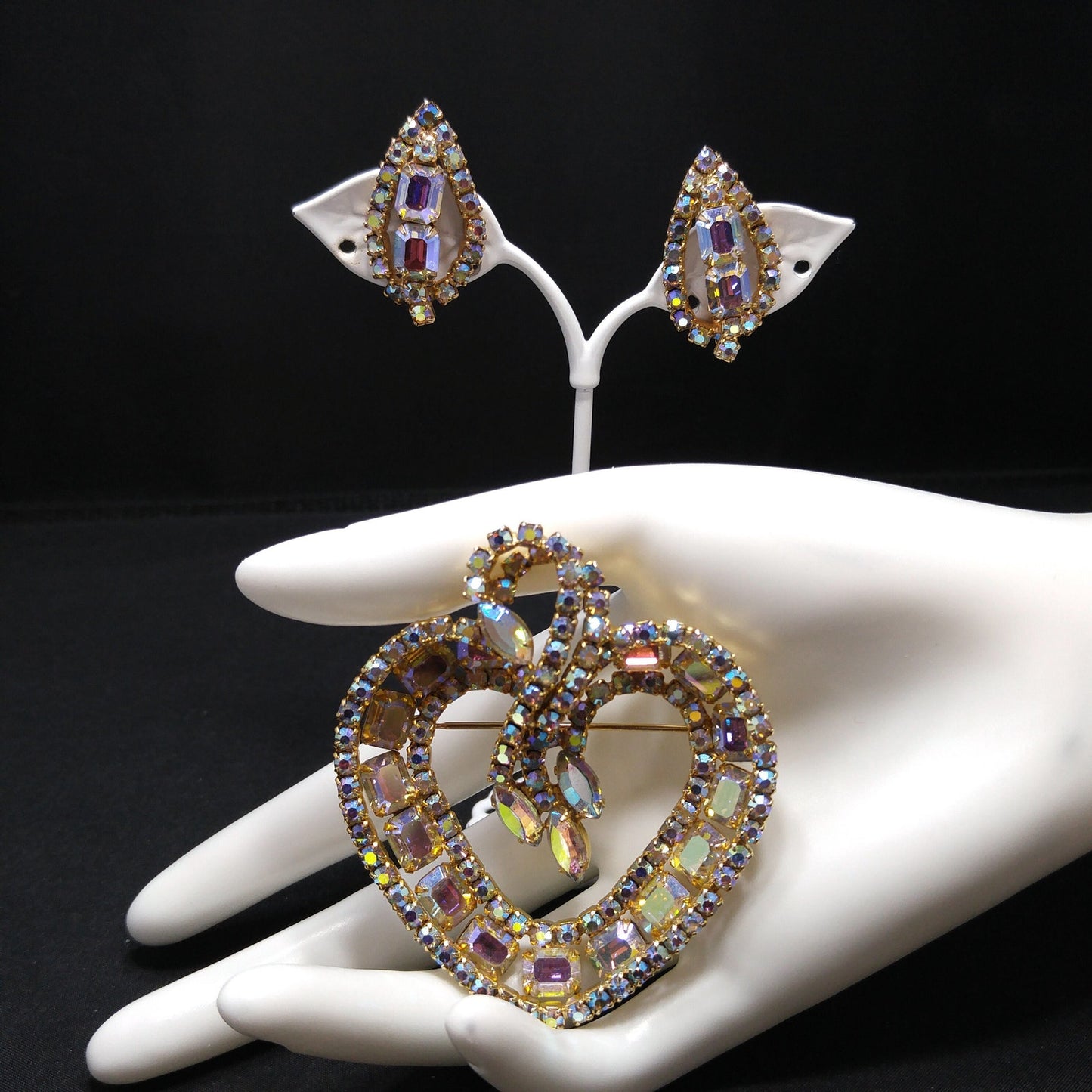 Vintage Gold Aurora Borealis Brooch Earrings, Gold Plated, 1960s Vintage Jewelry