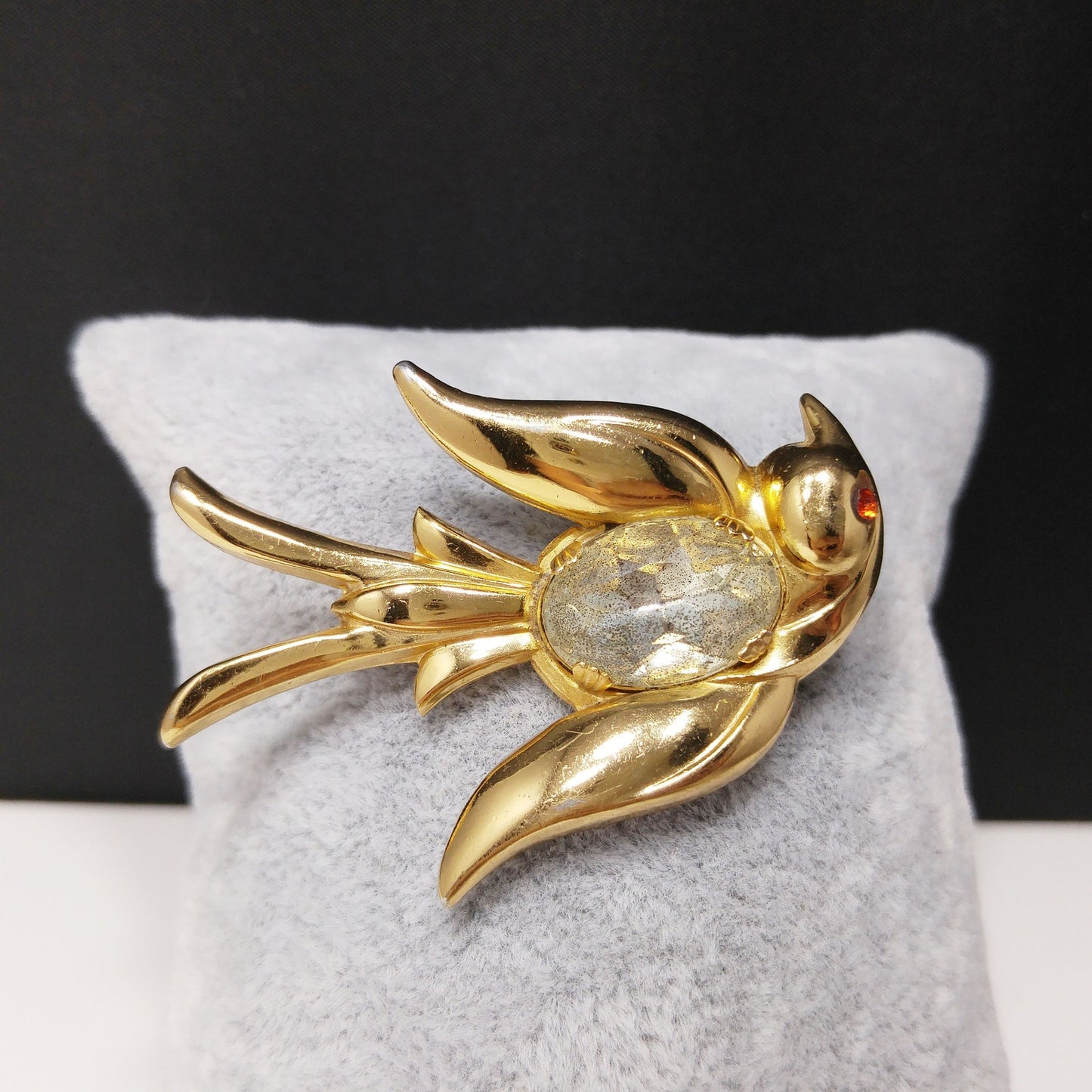 Coro Pegasus Bird Brooch, Clear Faceted Rhinestone Red Eye, 1940s Vintage Jewelry